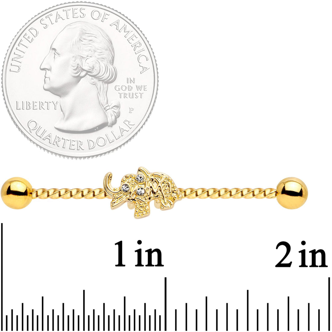 14G Clear Gem Gold Tone Elephant Industrial Barbell 38mm