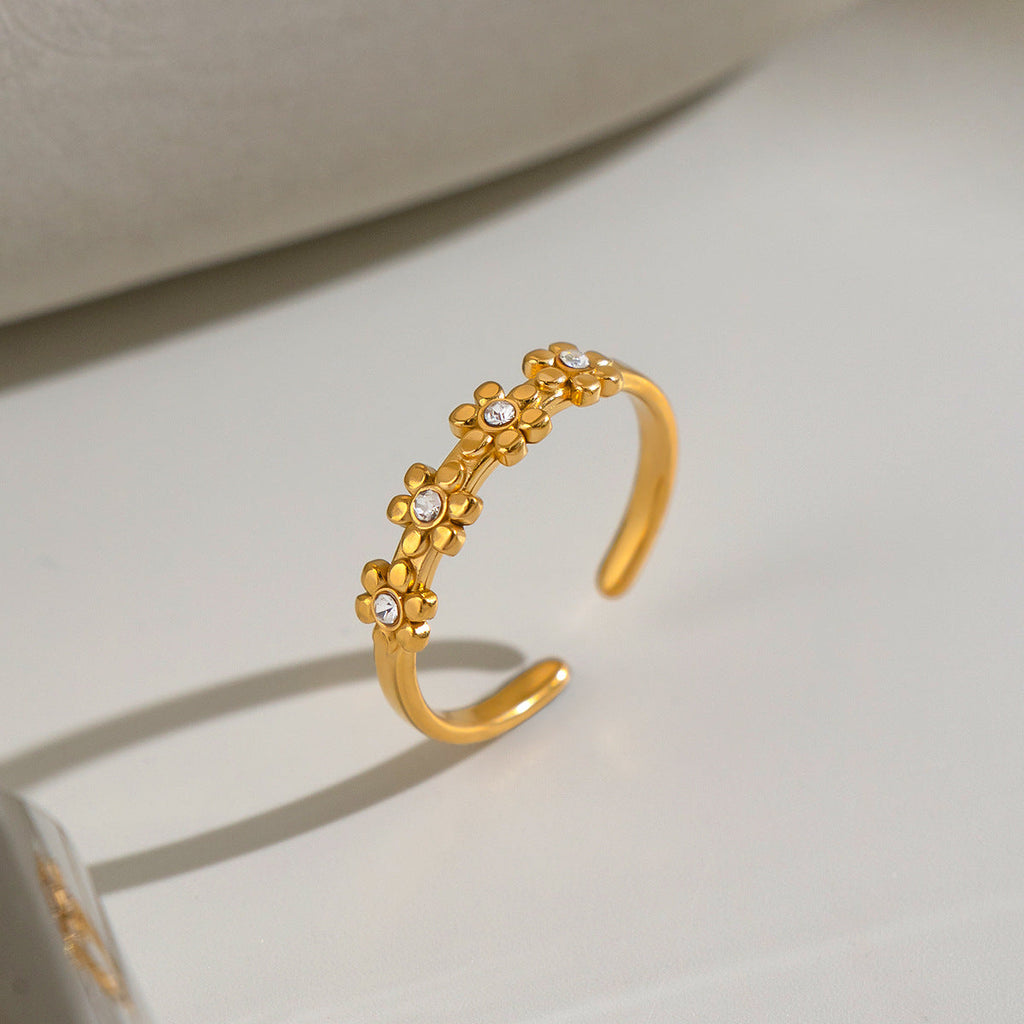 Floral Rhinestone Titanium Steel Ring For Women