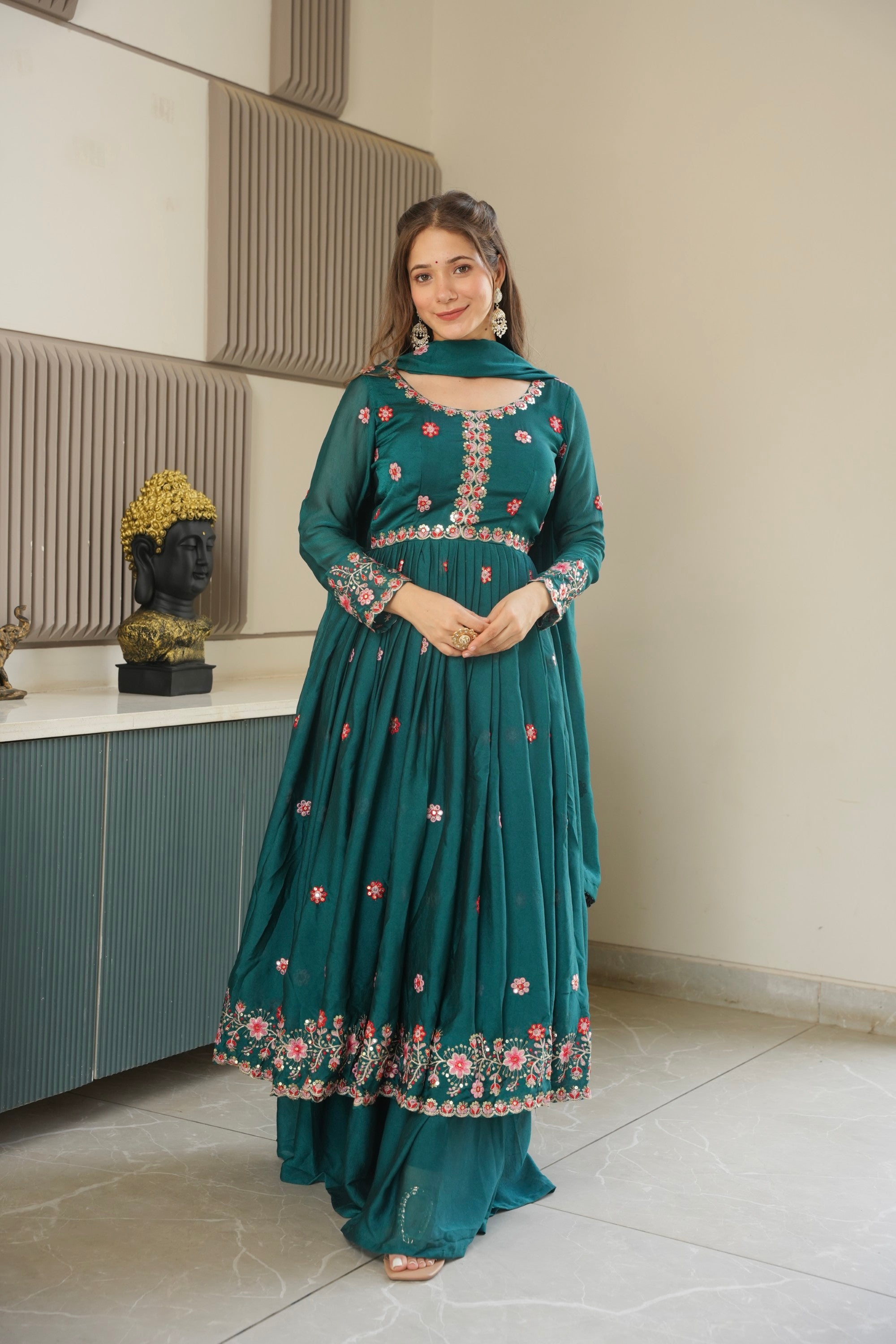Rama Noha Crush Silk Anarkali Sharara Set with Sequin Embroidery