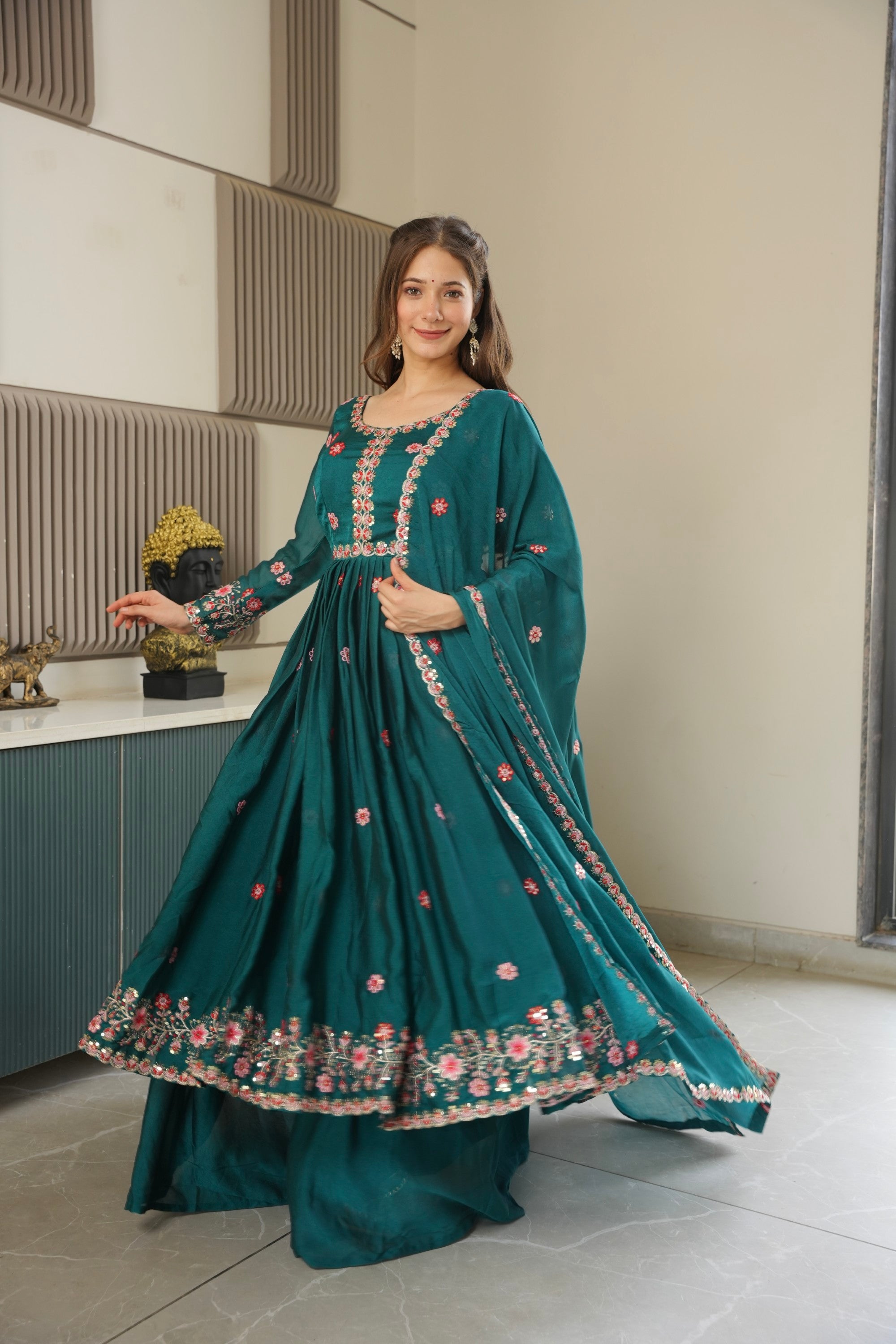 Rama Noha Crush Silk Anarkali Sharara Set with Sequin Embroidery