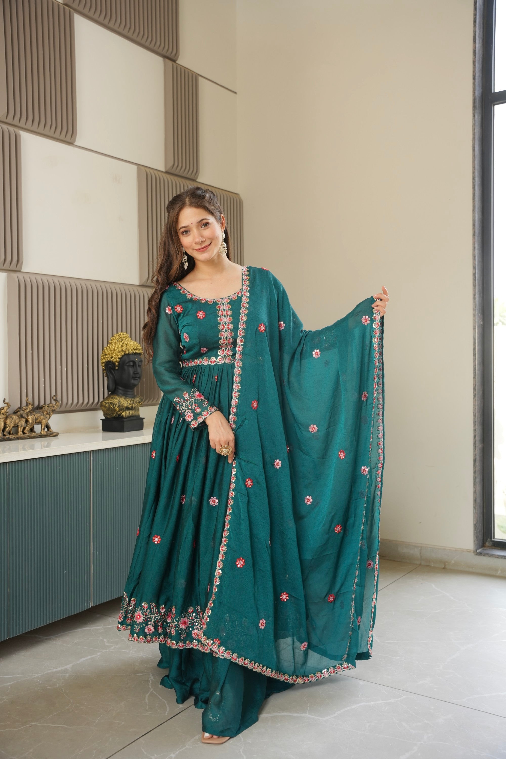 Rama Noha Crush Silk Anarkali Sharara Set with Sequin Embroidery