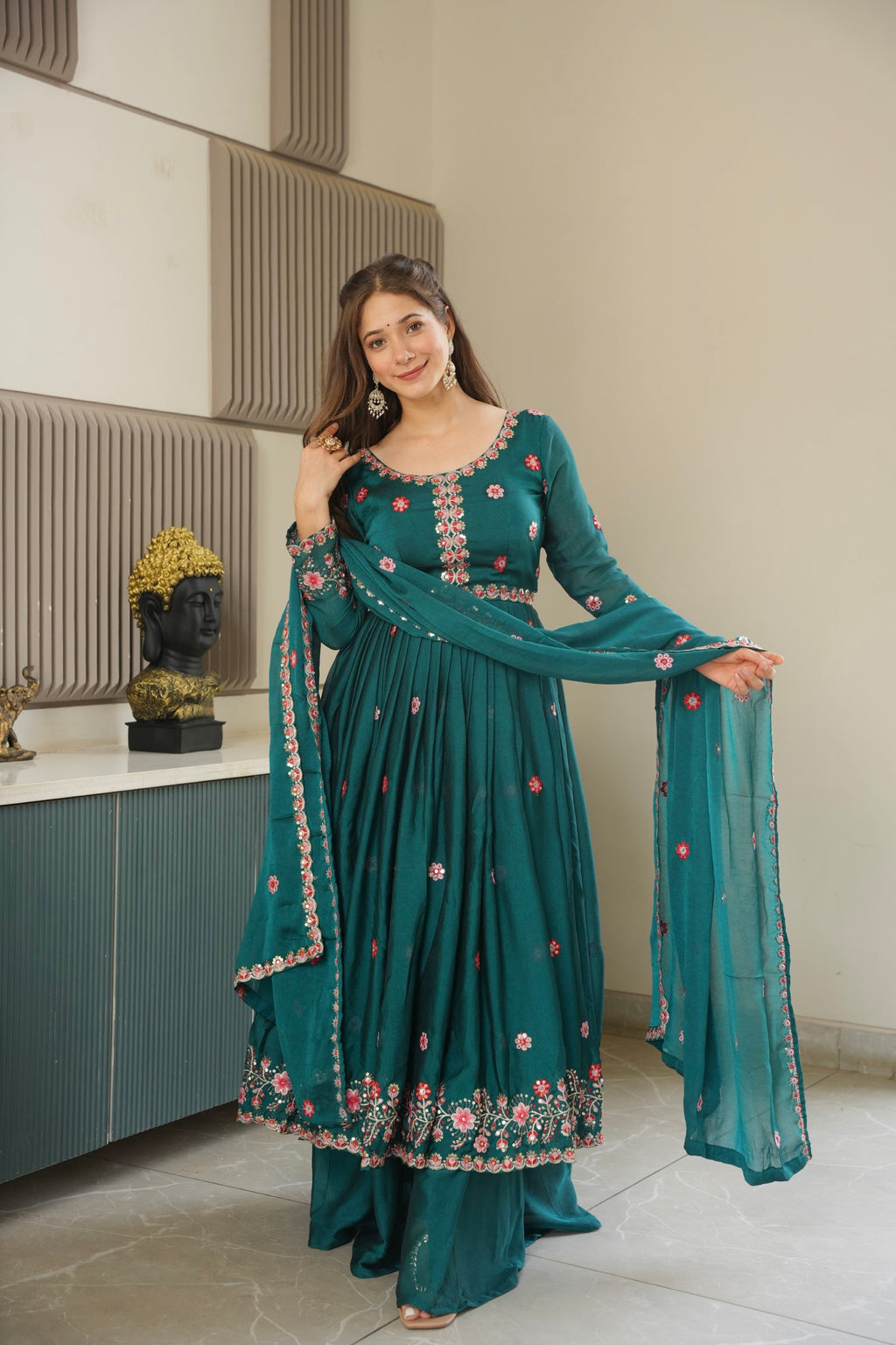 Rama Noha Crush Silk Anarkali Sharara Set with Sequin Embroidery
