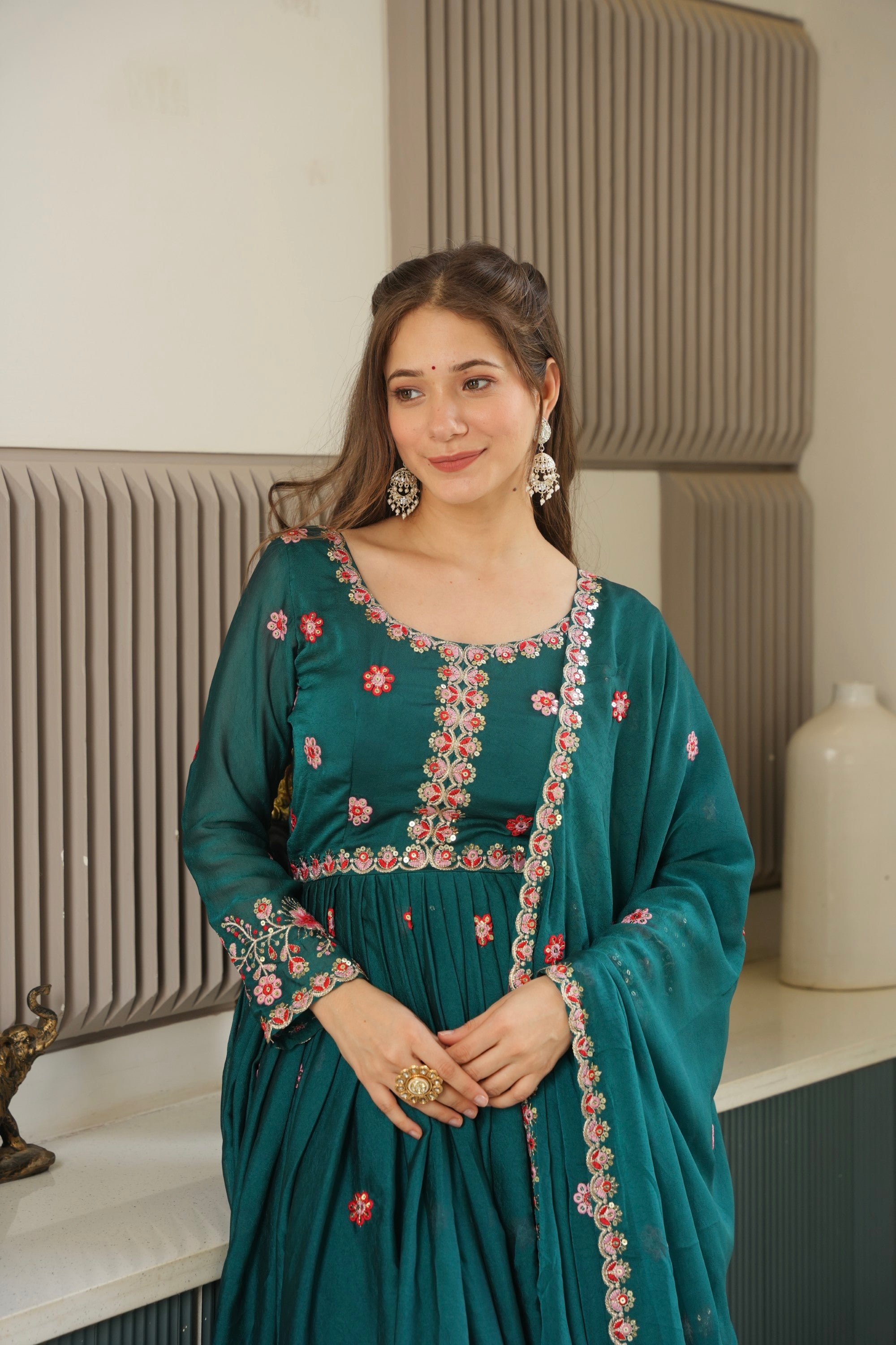 Rama Noha Crush Silk Anarkali Sharara Set with Sequin Embroidery