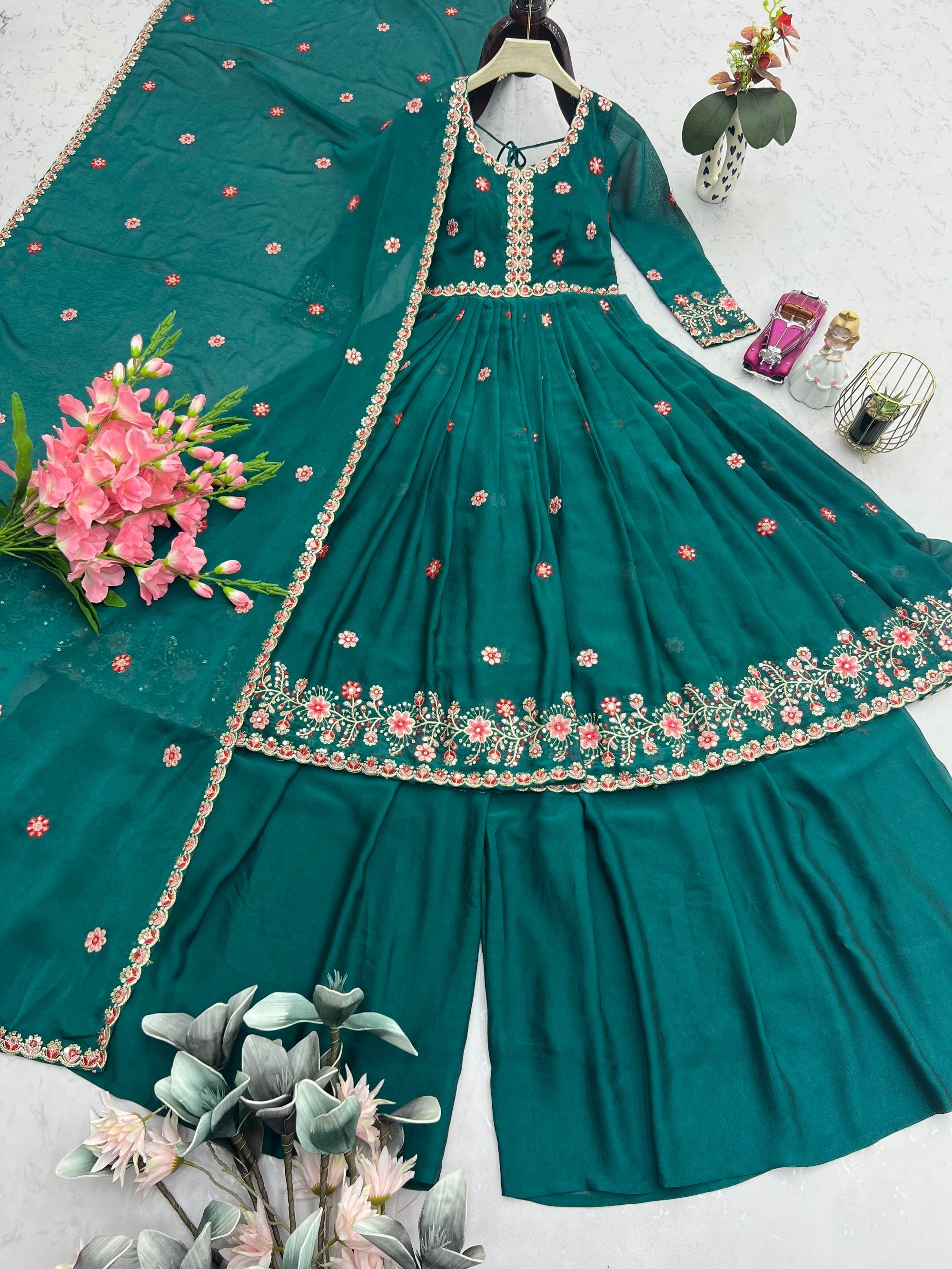 Rama Noha Crush Silk Anarkali Sharara Set with Sequin Embroidery