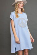 Light blue multi-colored plaid mini dress with applique detail
