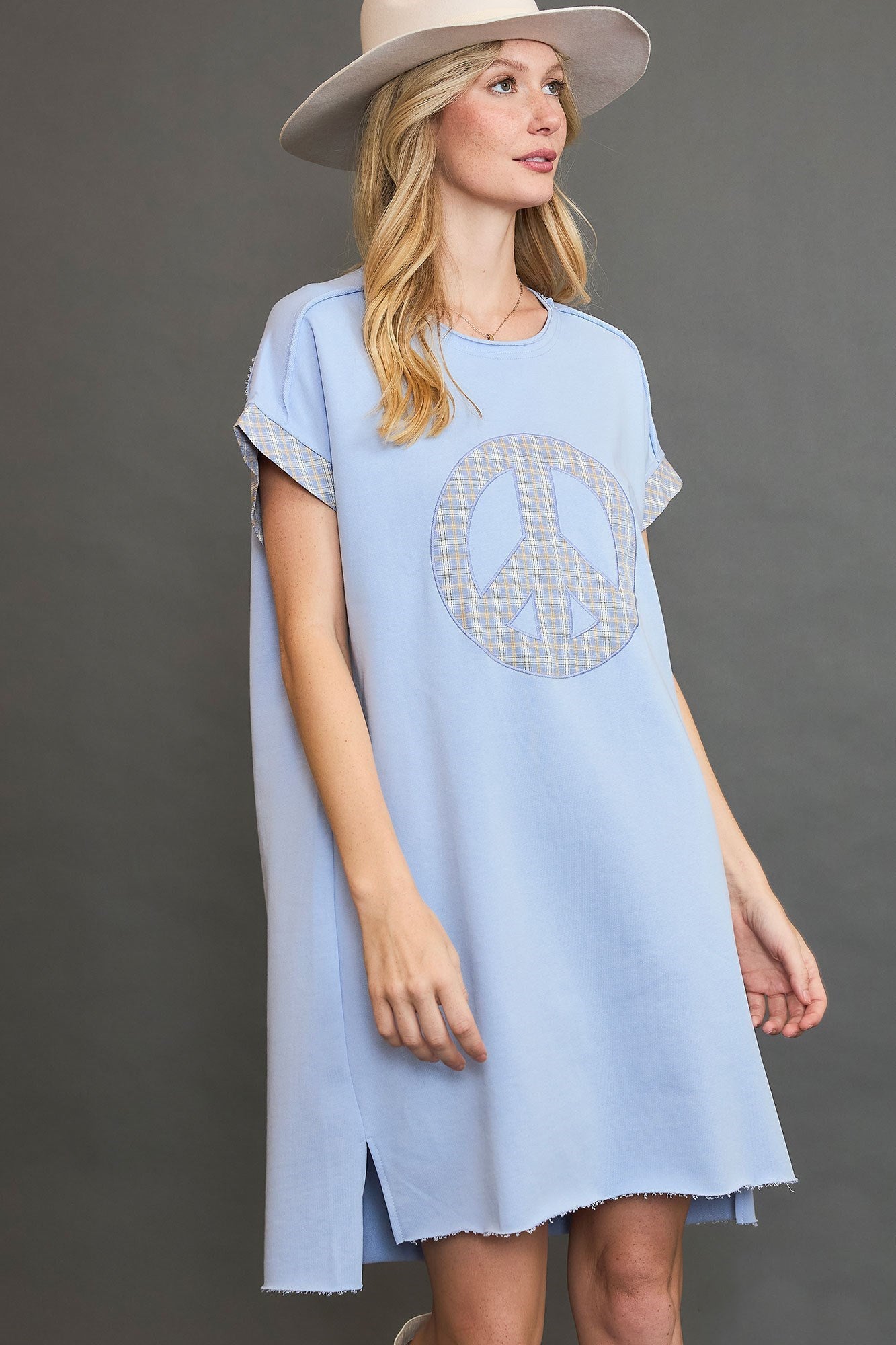 Light blue multi-colored plaid mini dress with applique detail