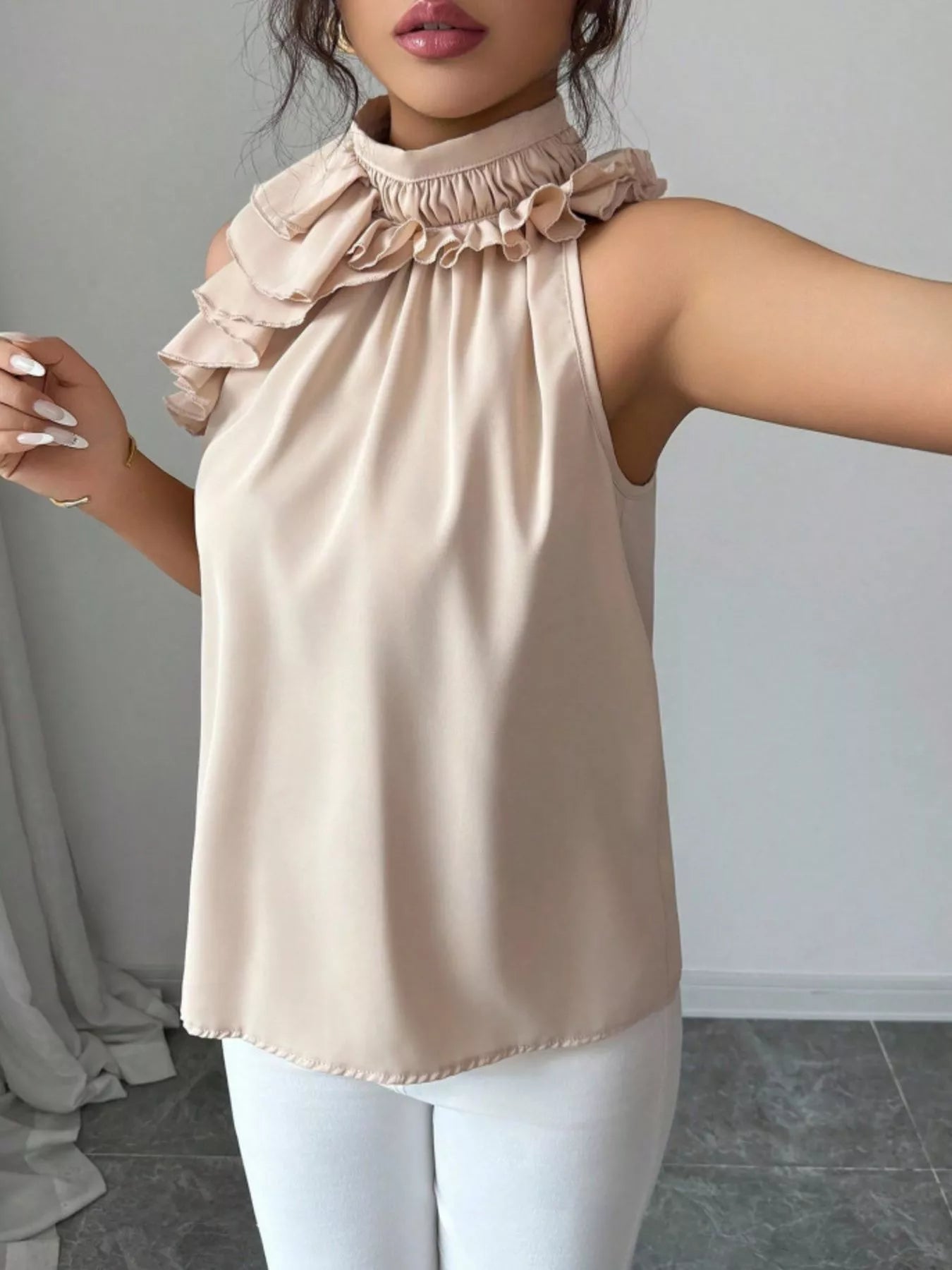 Ruffle High Neck Sleeveless Tank