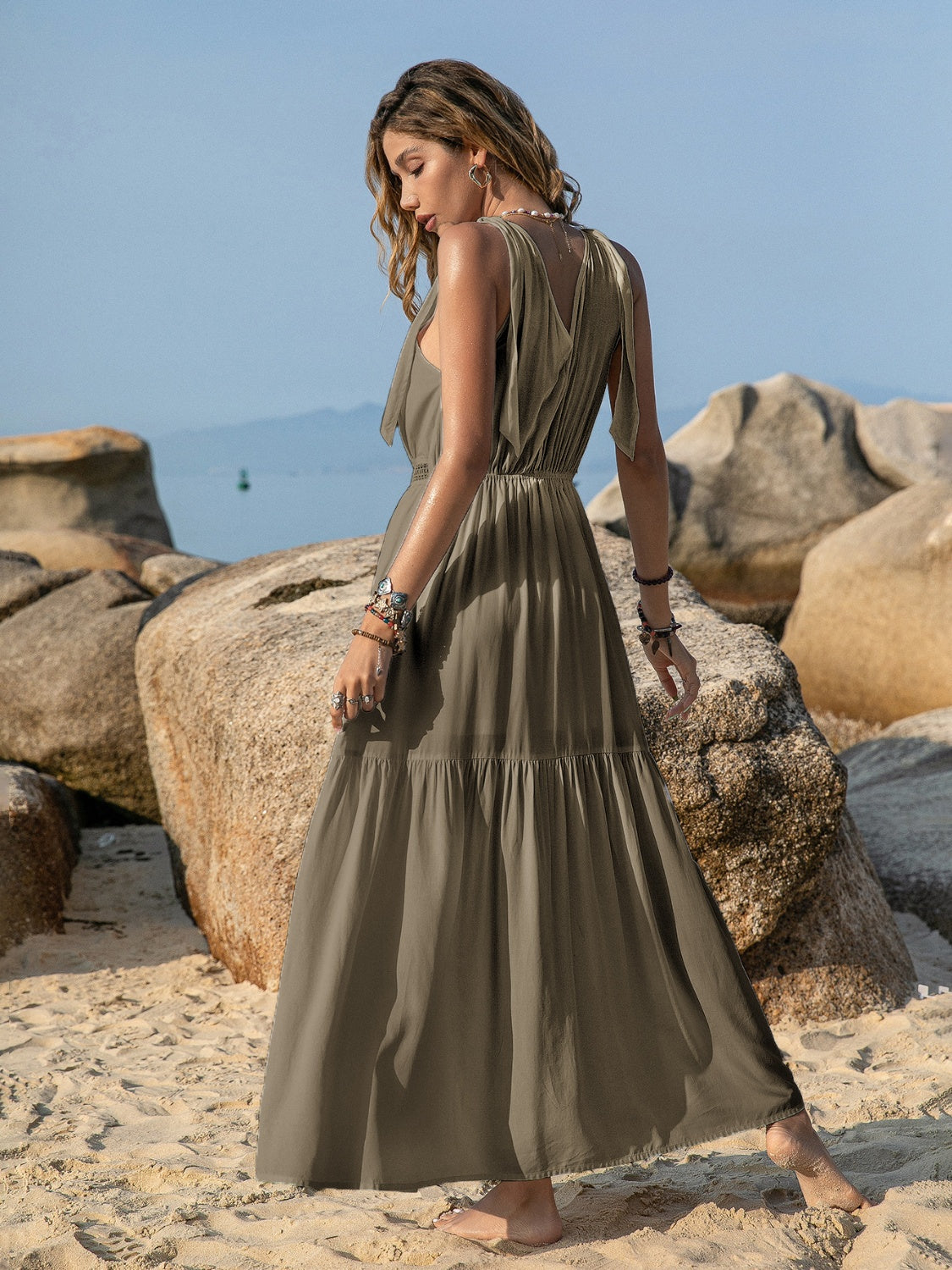 V-Neck Tie Shoulder Maxi Dress Flowy Summer Beachwear