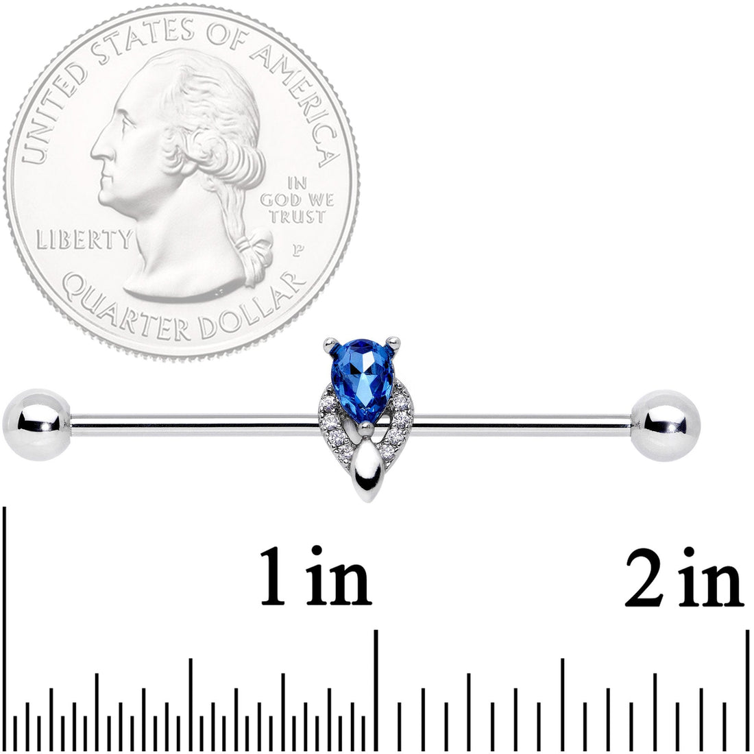 14G Clear Blue Teardrop Gem Art Deco Industrial Barbell 38mm