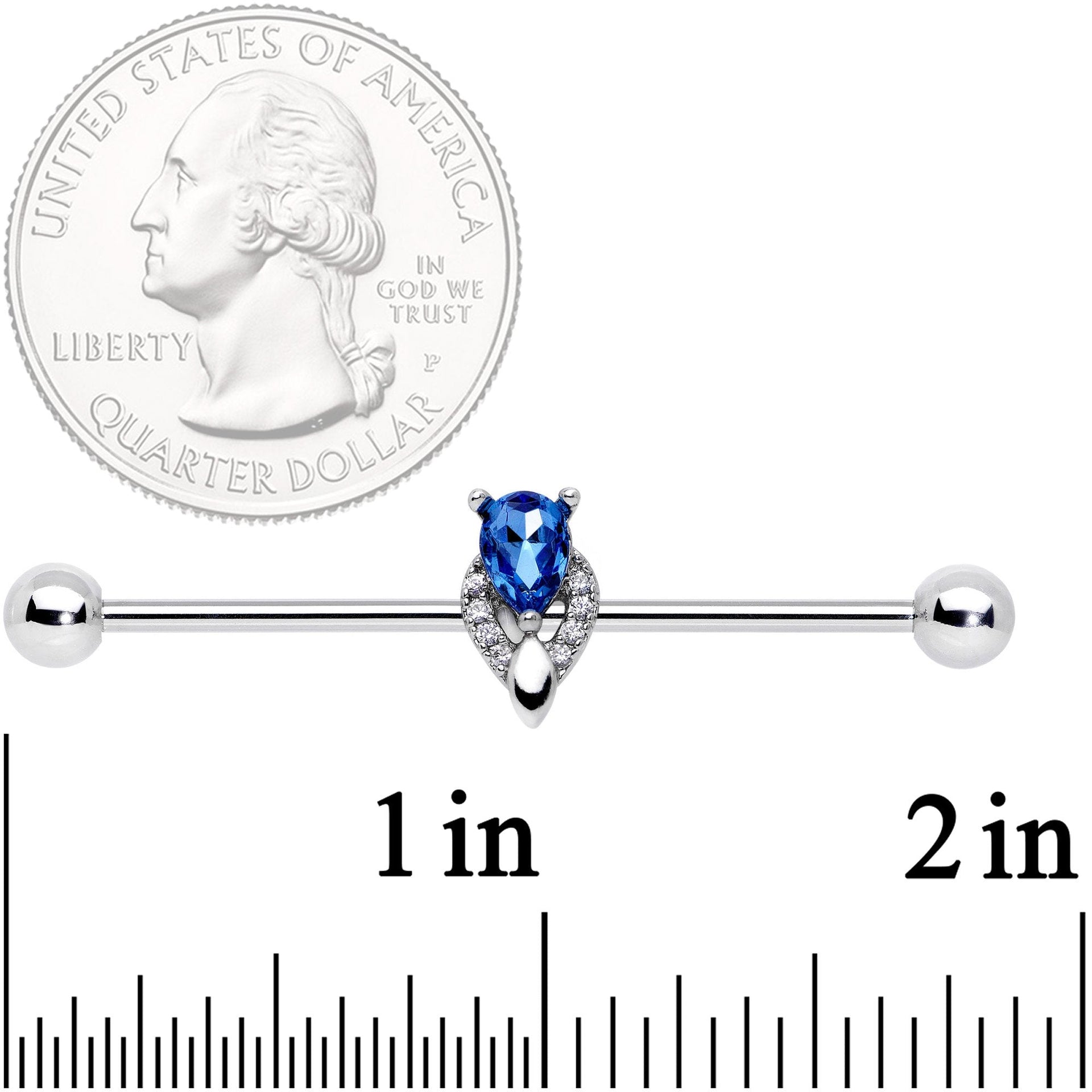 14G Clear Blue Teardrop Gem Art Deco Industrial Barbell 38mm