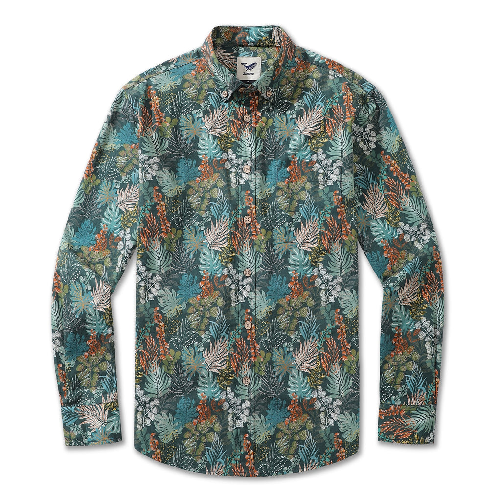 Men's long-sleeve shirt with emerald green tropical leaf print
