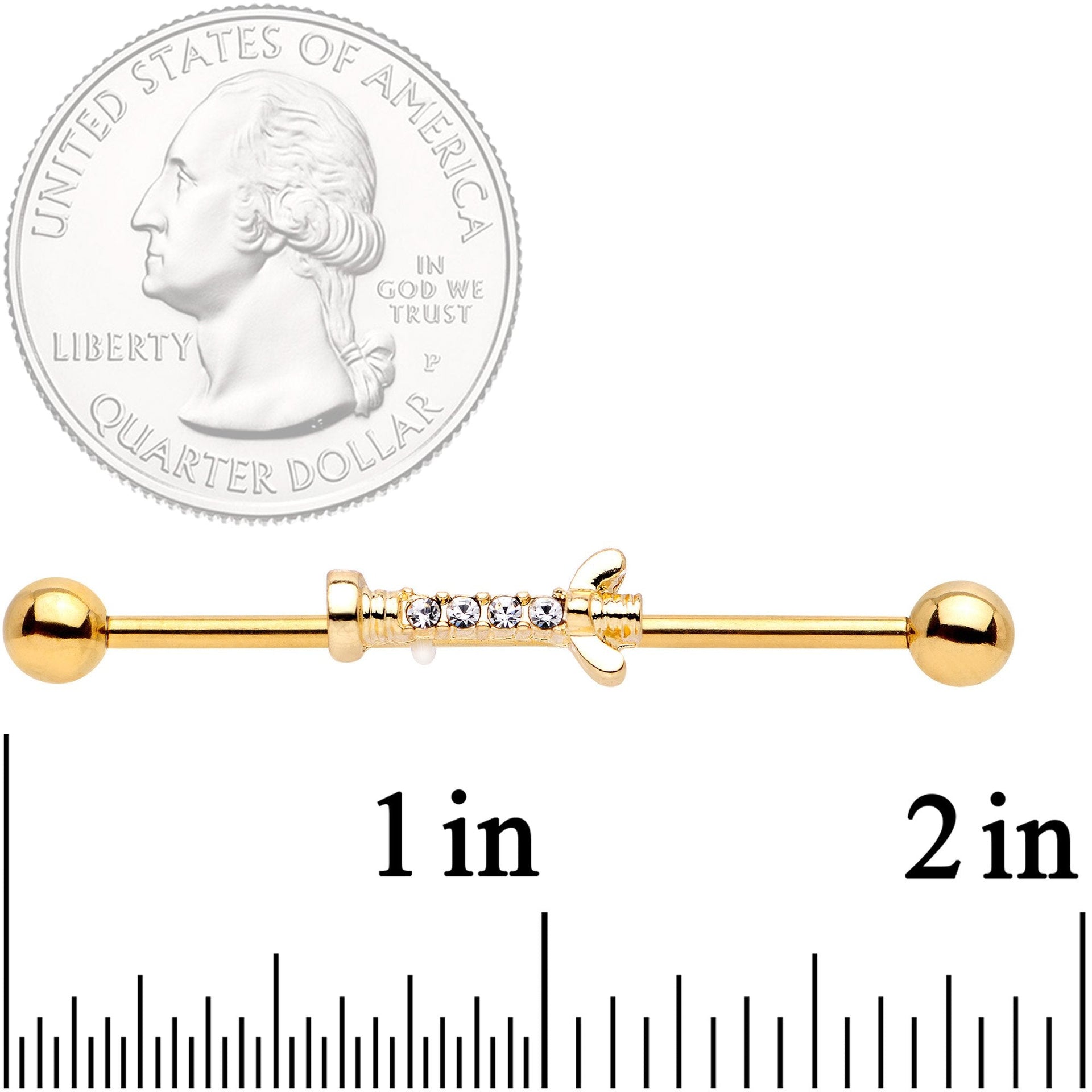 14G Clear CZ Gem Gold Tone Wing Nut Industrial Barbell 38mm