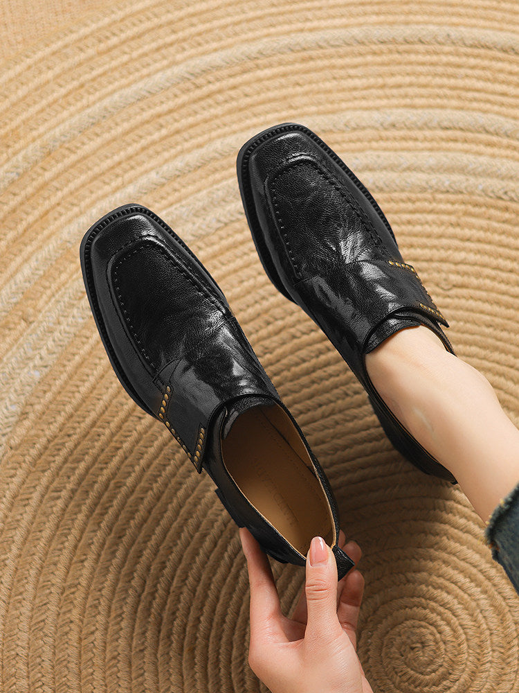 Black Square Toe Chunky Heel Pumps with Studded Accents