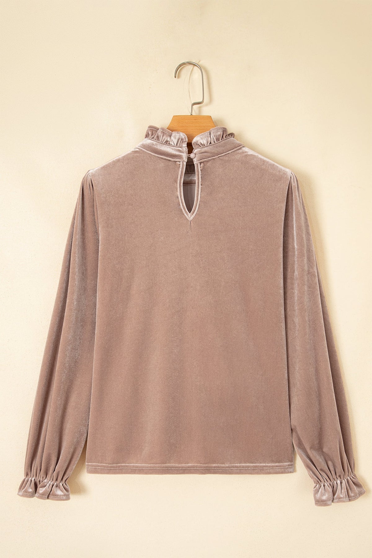 Solid Velvet Frilled Neck Long Sleeve Top
