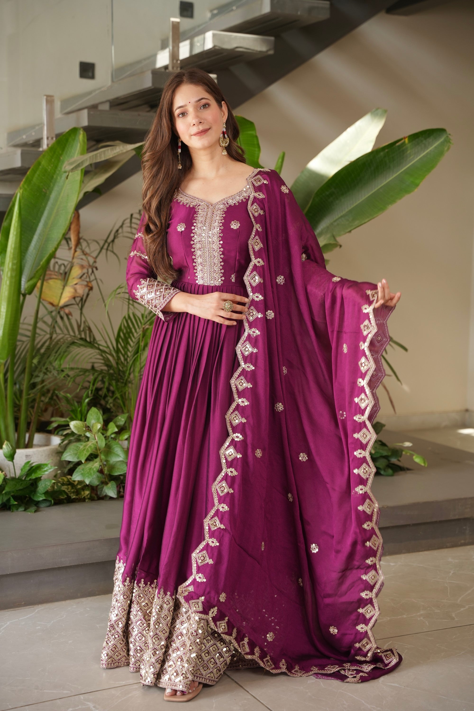Purple Noha Crush Silk Anarkali Gown with detailed embroidery and sequins and a matching dupatta