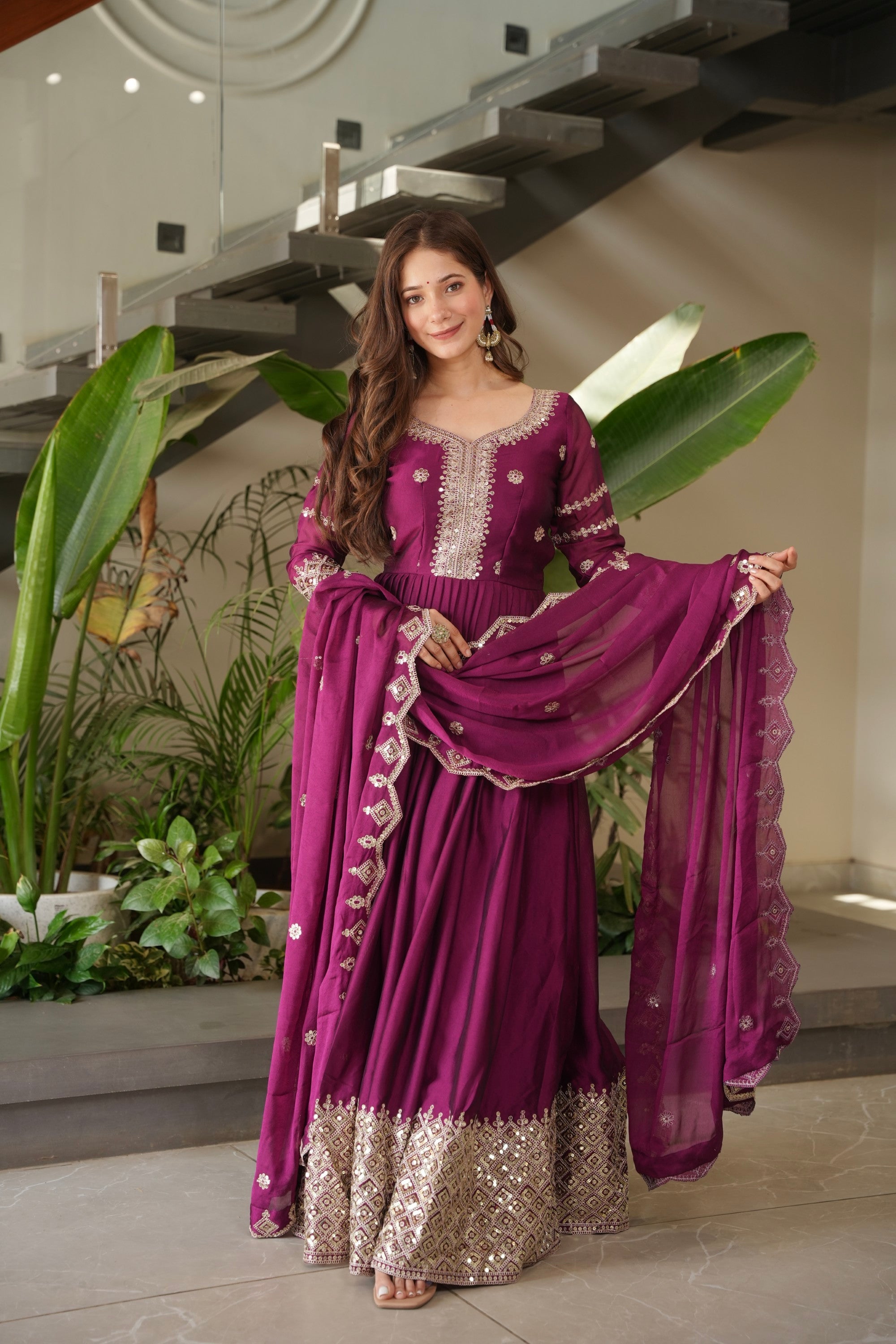 Purple Noha Crush Silk Anarkali Gown with Embroidery & Sequins