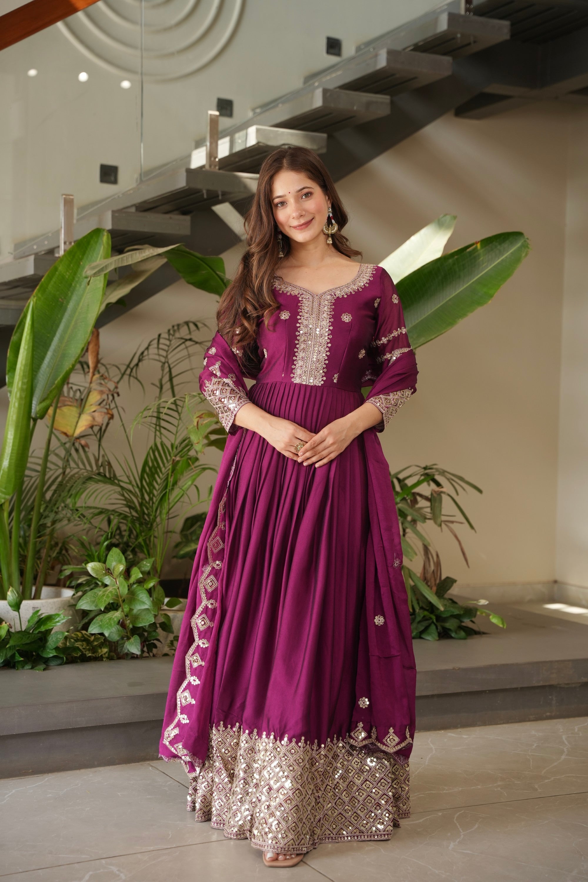 Purple Noha Crush Silk Anarkali Gown with Embroidery & Sequins