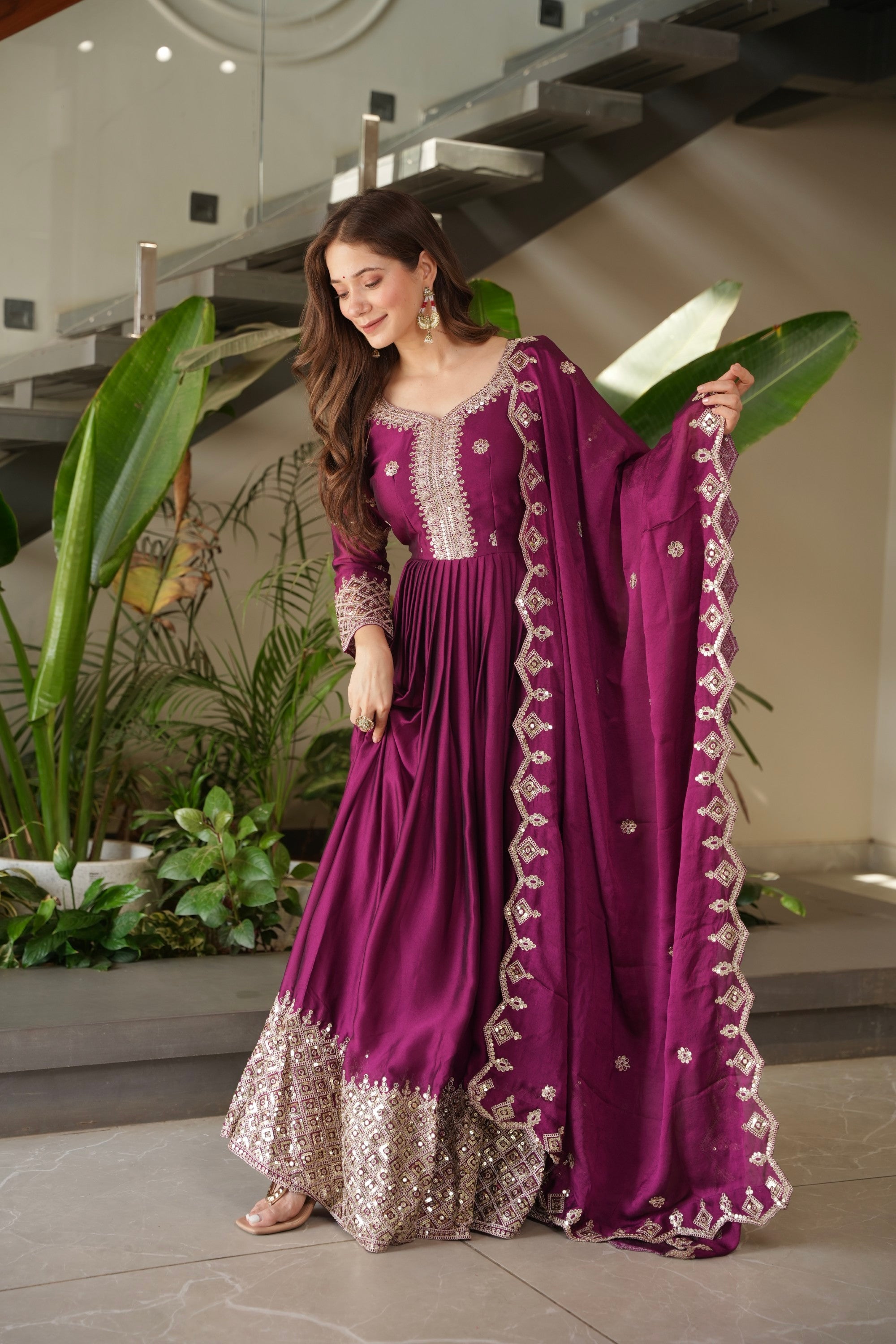Purple Noha Crush Silk Anarkali Gown with Embroidery & Sequins