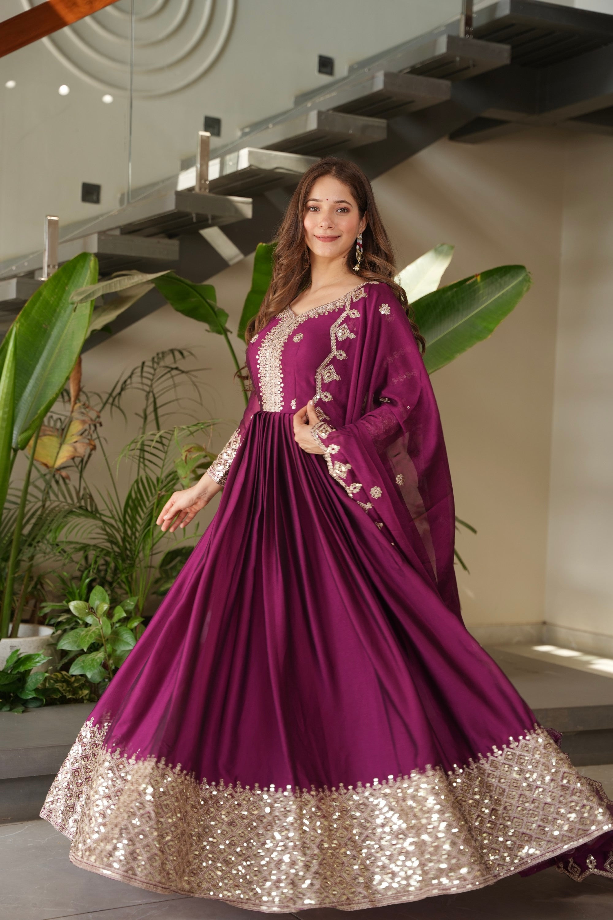 Purple Noha Crush Silk Anarkali Gown with Embroidery & Sequins