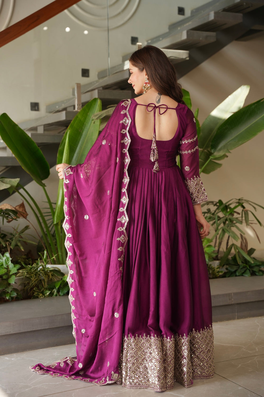 Purple Noha Crush Silk Anarkali Gown with Embroidery & Sequins
