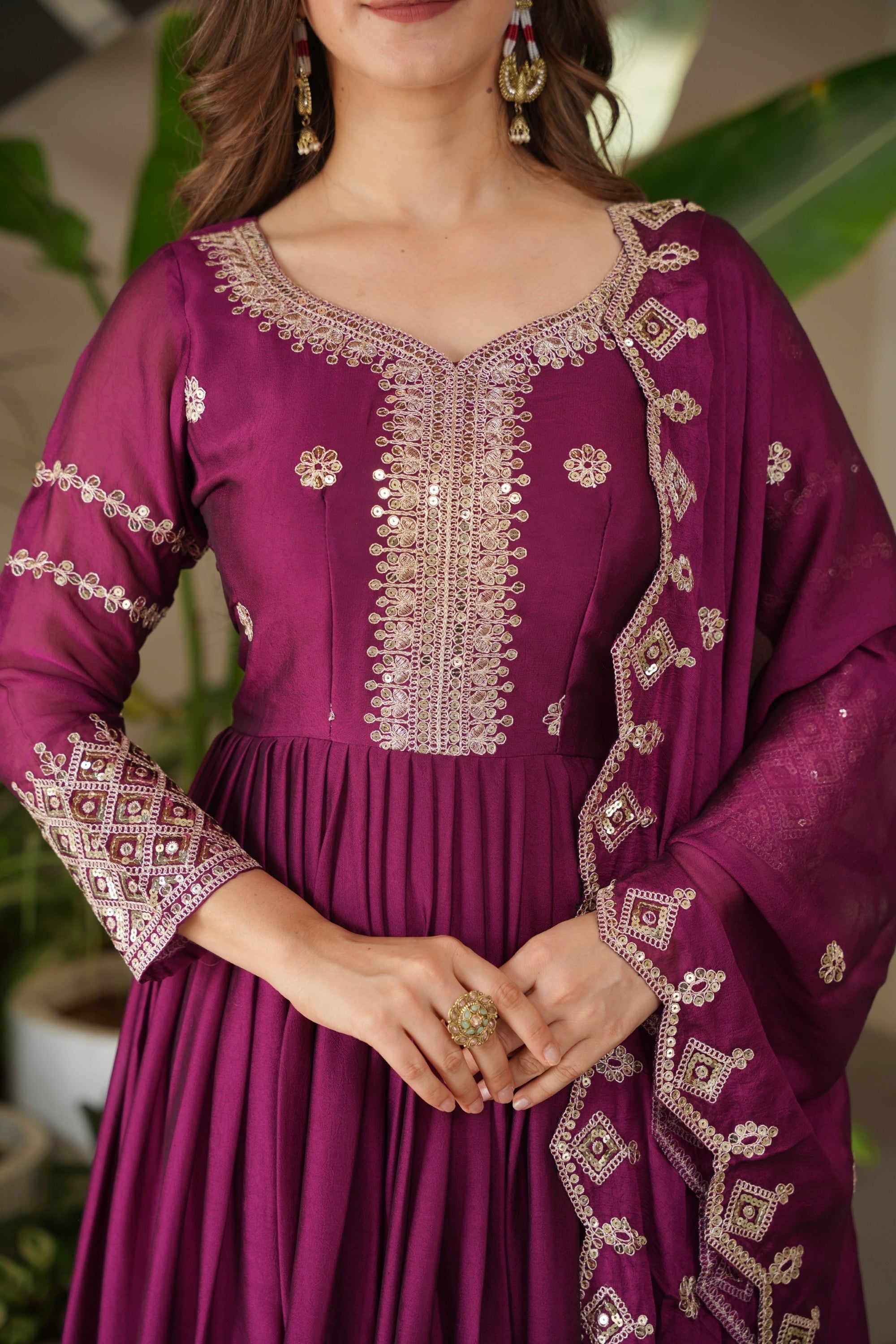 Purple Noha Crush Silk Anarkali Gown with Embroidery & Sequins