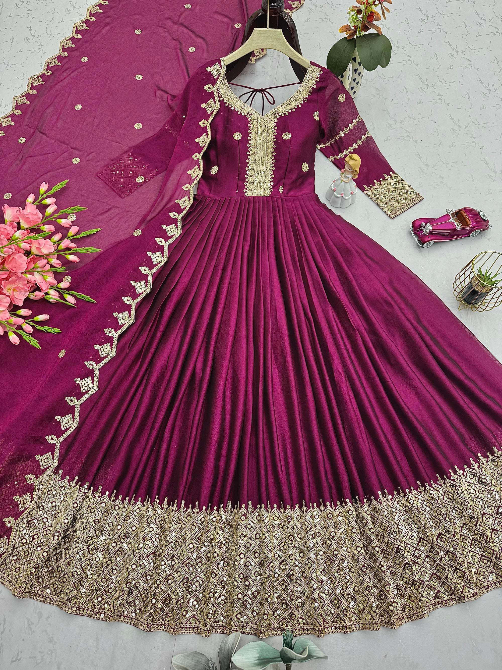 Purple Noha Crush Silk Anarkali Gown with Embroidery & Sequins