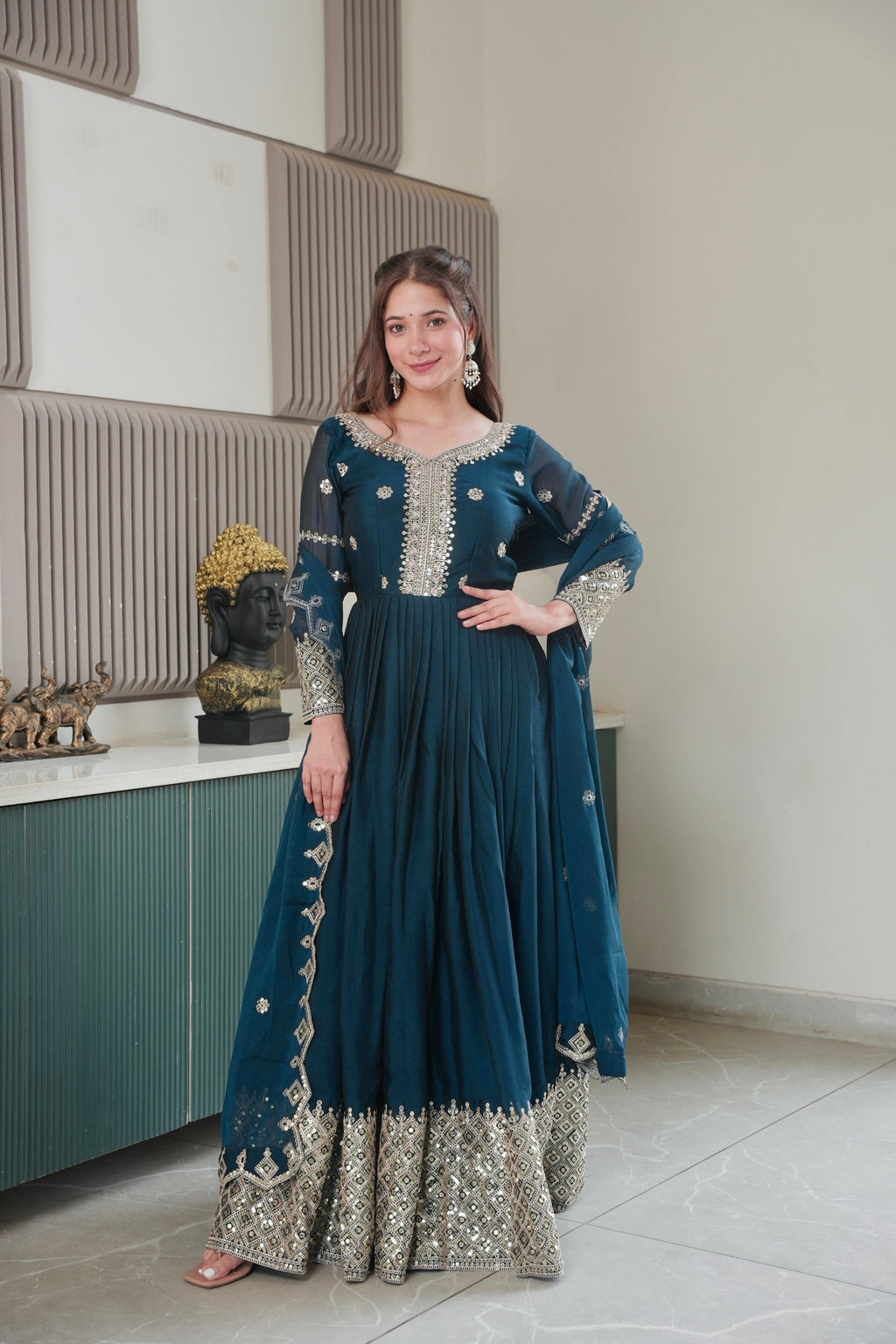 Rama Noha Crush Silk Anarkali Gown with Sequins Embroidery