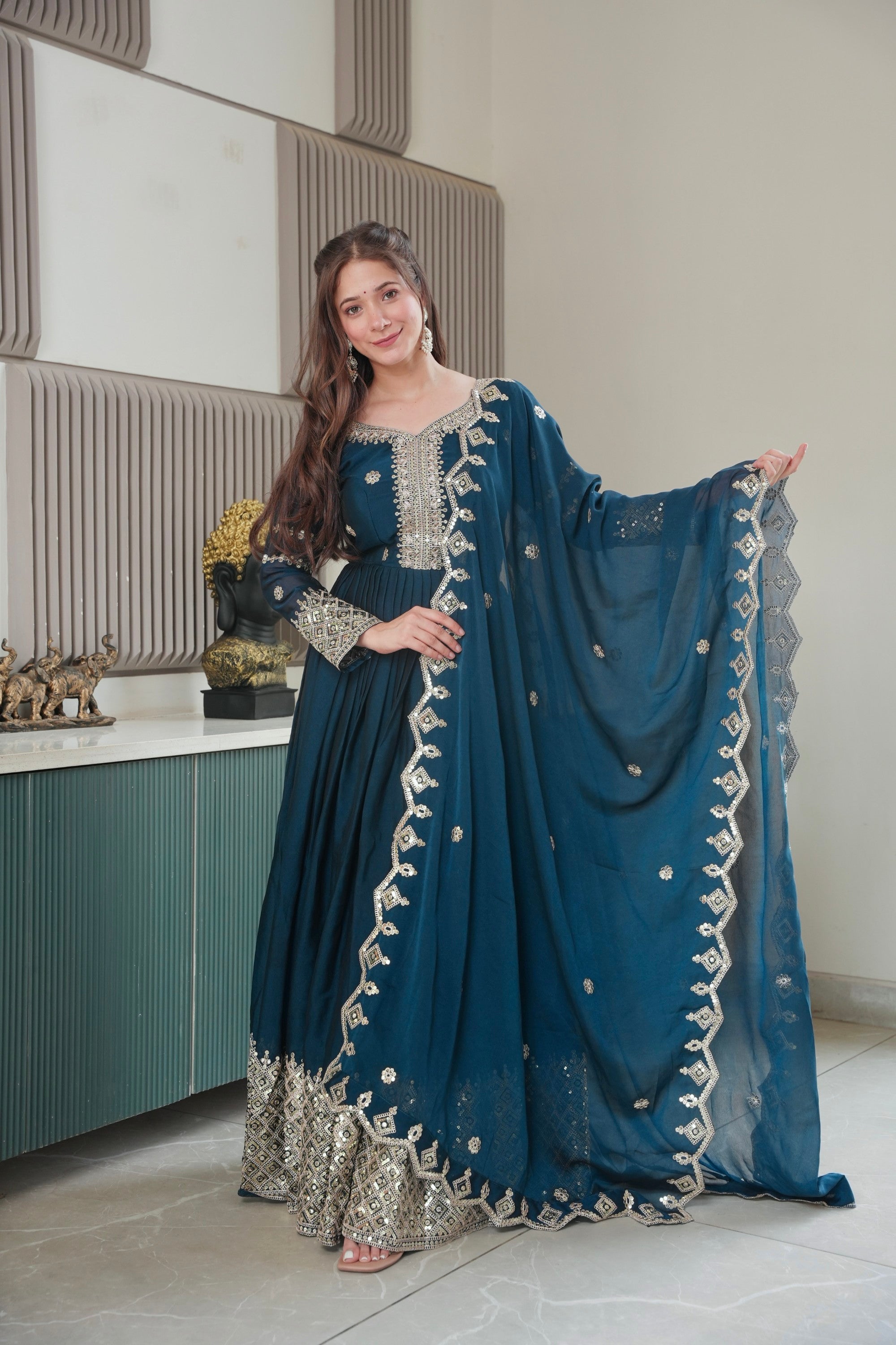 Rama Noha Crush Silk Anarkali Gown with Sequins Embroidery