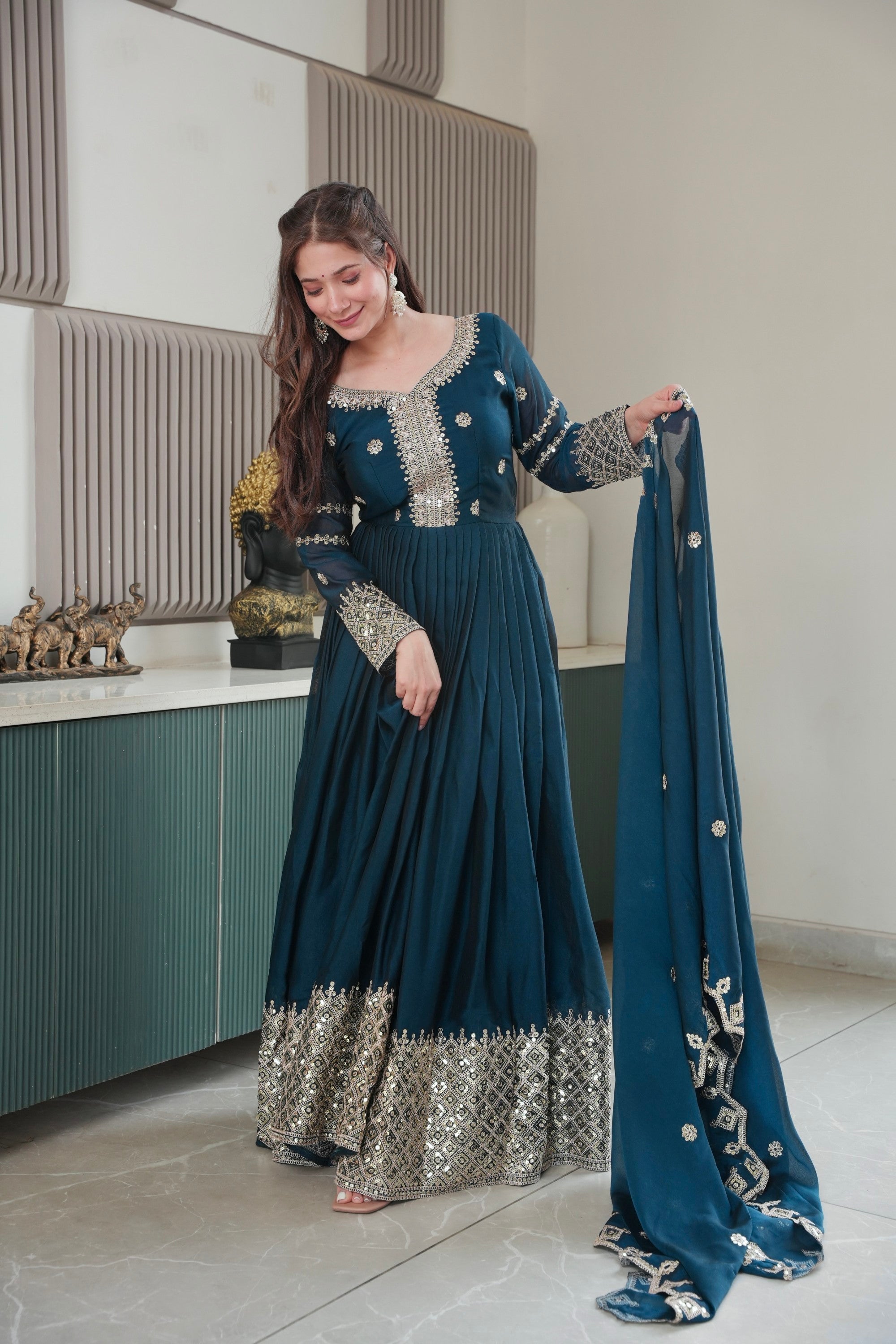 Rama colored Noha Crush Silk Anarkali gown with detailed codding and sequin embroidery