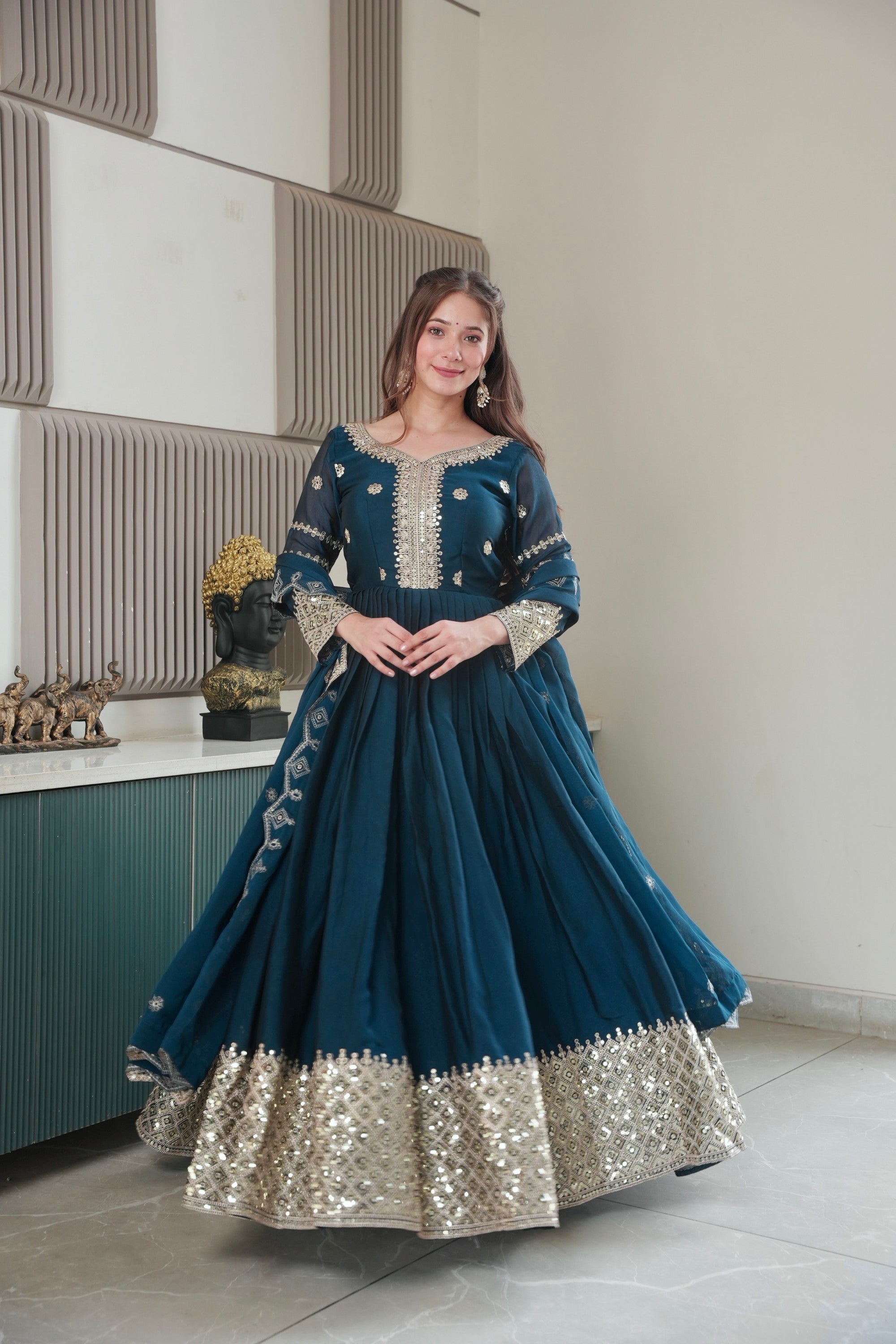 Rama Noha Crush Silk Anarkali Gown with Sequins Embroidery