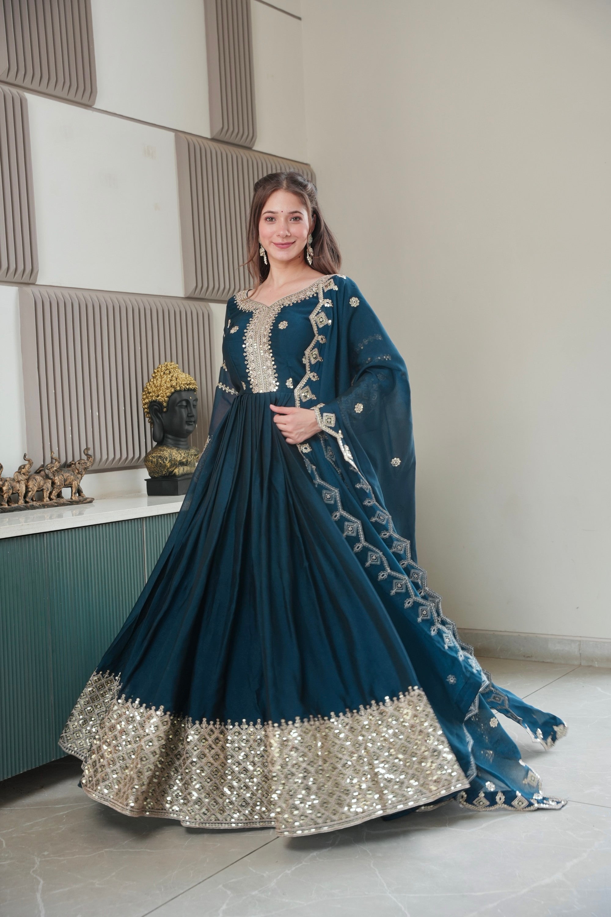 Rama Noha Crush Silk Anarkali Gown with Sequins Embroidery