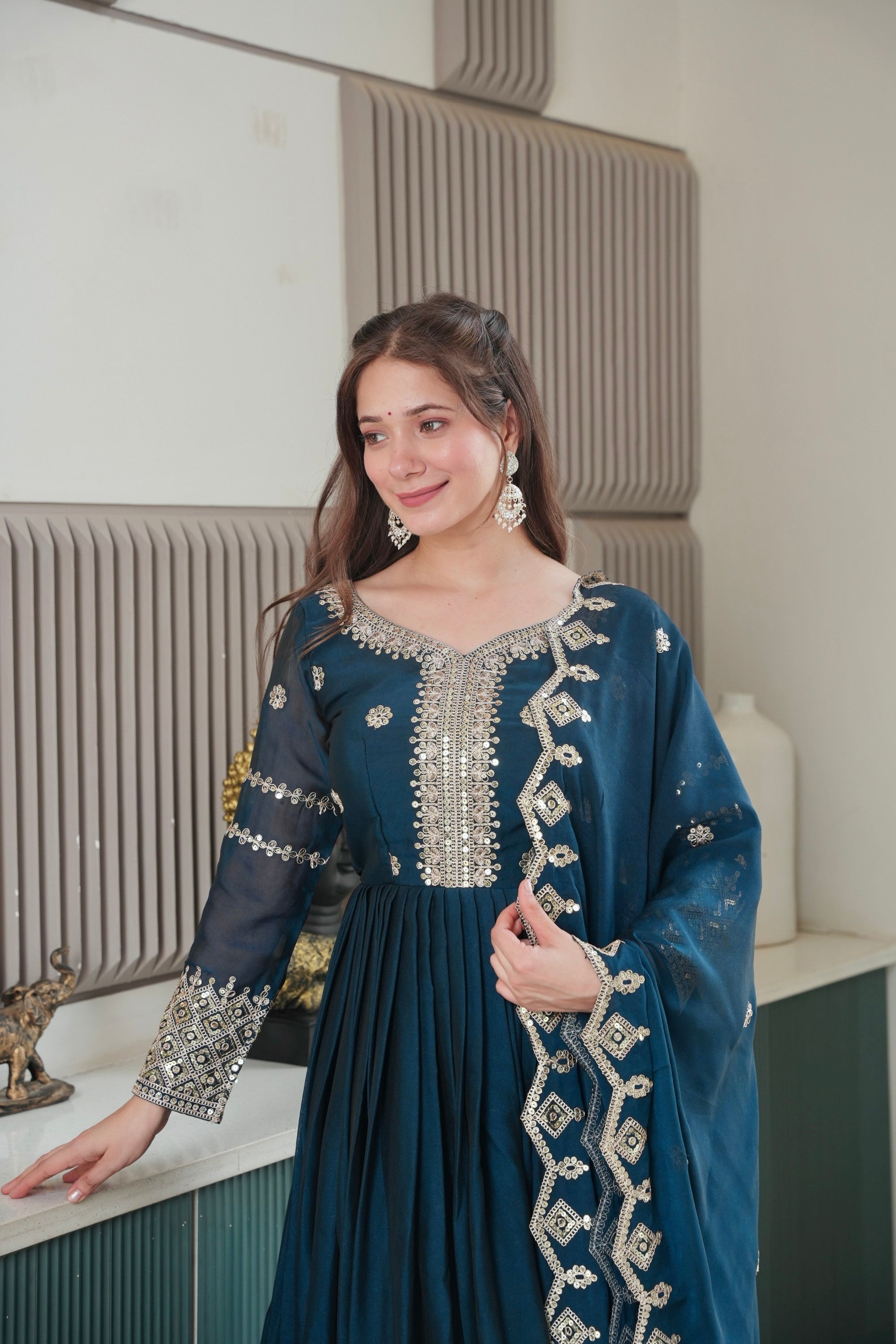 Rama Noha Crush Silk Anarkali Gown with Sequins Embroidery