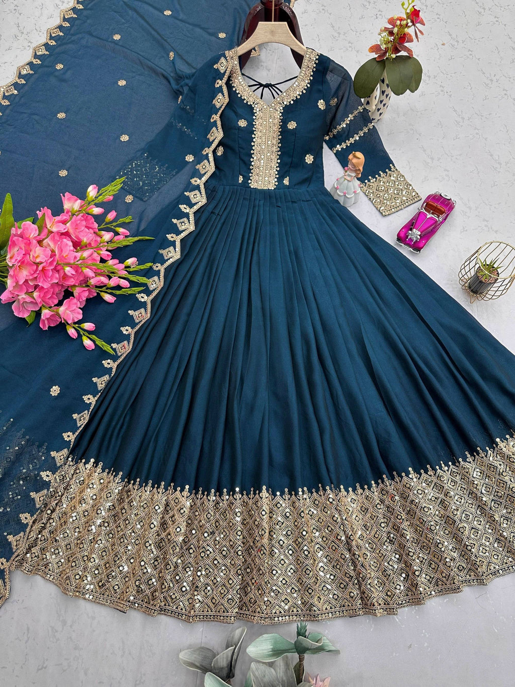 Rama Noha Crush Silk Anarkali Gown with Sequins Embroidery