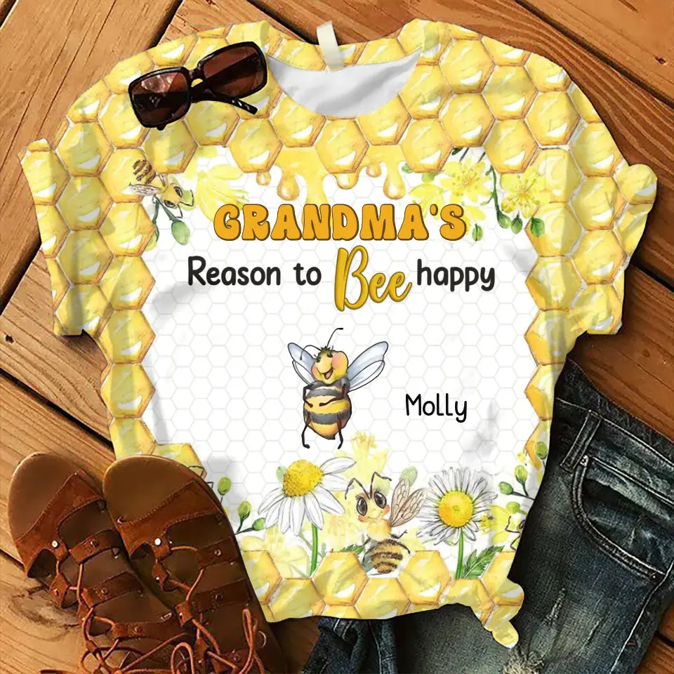 Personalized Grandma AOP T-shirt - Gift Idea For Grandma/Mother - Up to 10 Kids - Grandma's Reasons To Bee Happy