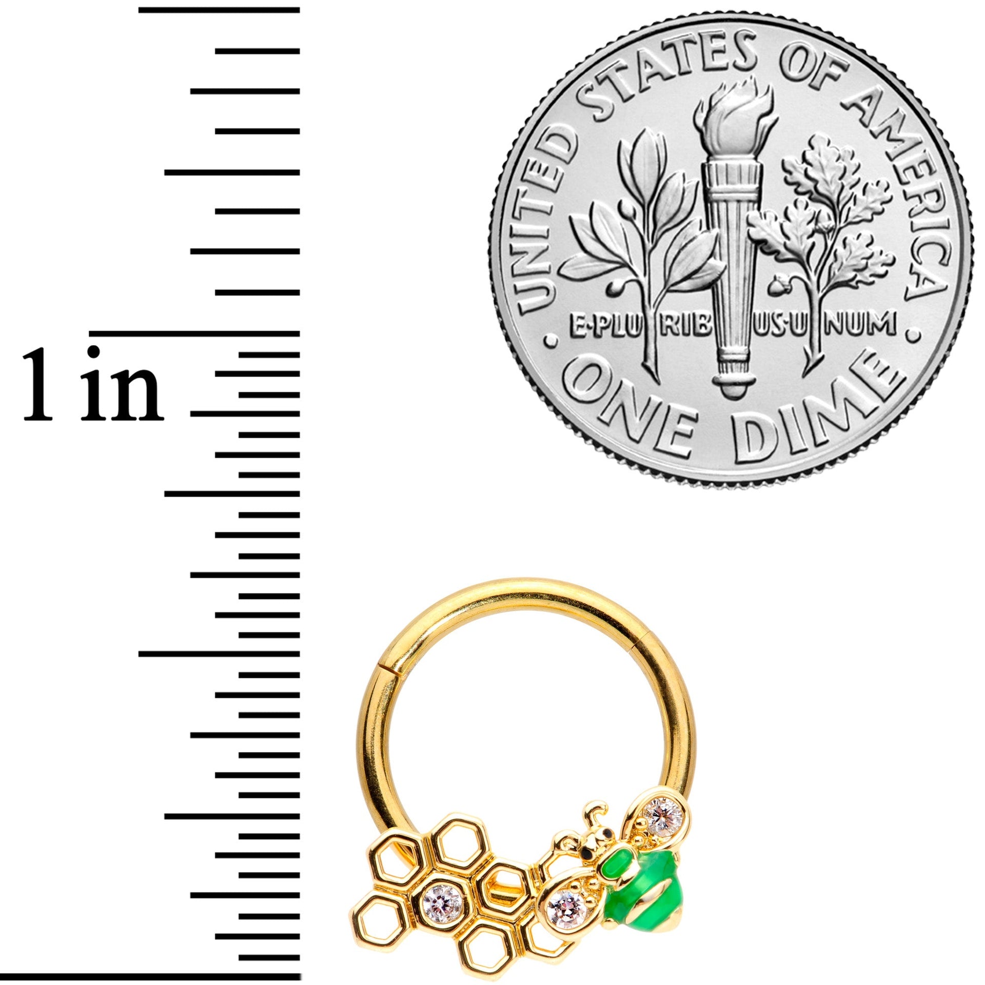 16G 3/8 Clear Gem Gold Tone Green Bee Hinged Segment Ring