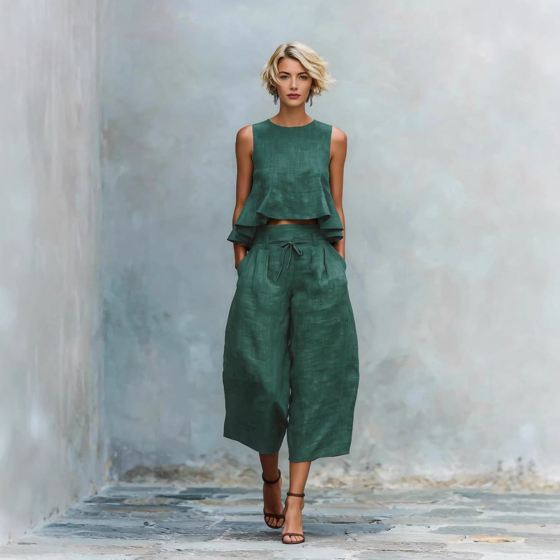 Women's Linen-Blend Sleeveless Ruffled Top and Cropped Pant Set