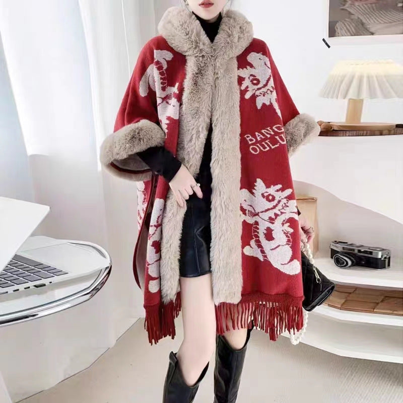 Women's Knitted Hooded Poncho with Fur Trim & Tassels for Winter