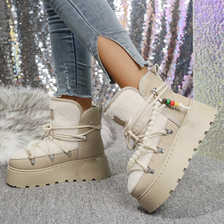 Platform Snow Boots | Faux Shearling Lace-Up Winter Boots with Pearl Chain