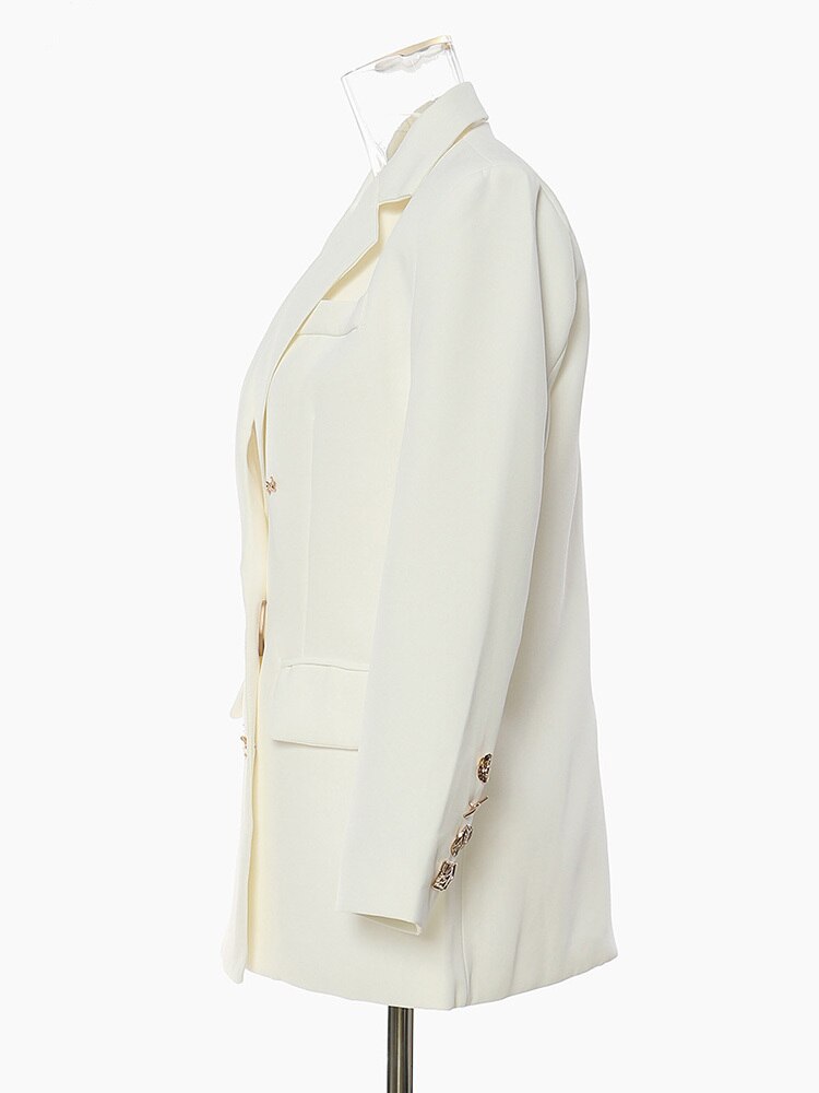 Women's White Double-Breasted Blazer with Decorative Accent Buttons - Image 2
