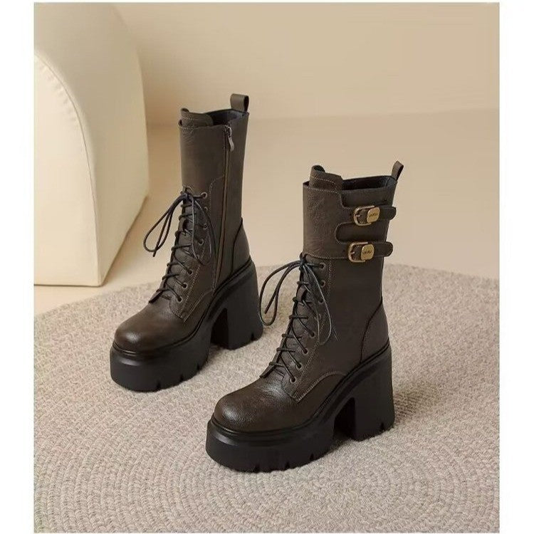Women's Chunky Platform Combat Boots with Lace-Up & Buckles - Image 3