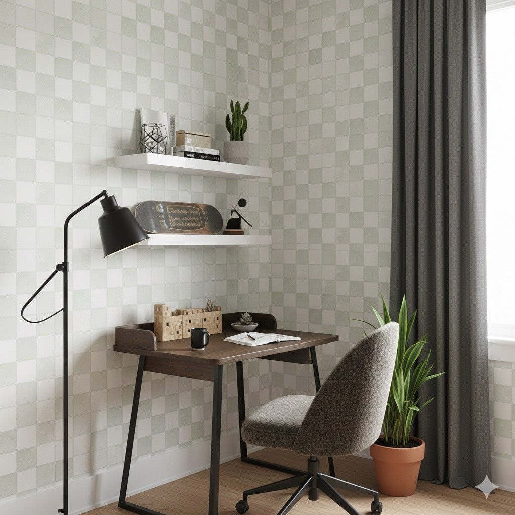 Tuck geometric wallpaper with sage green, white, and blush pink design