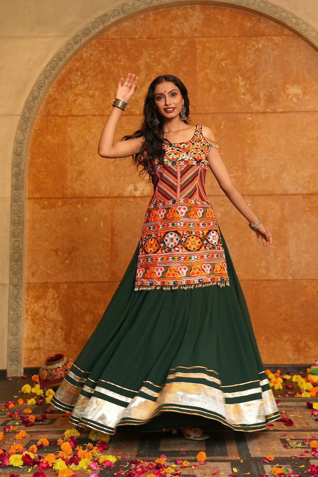 Green Georgette Designer Navratri Lehenga Choli with Multi Blouse