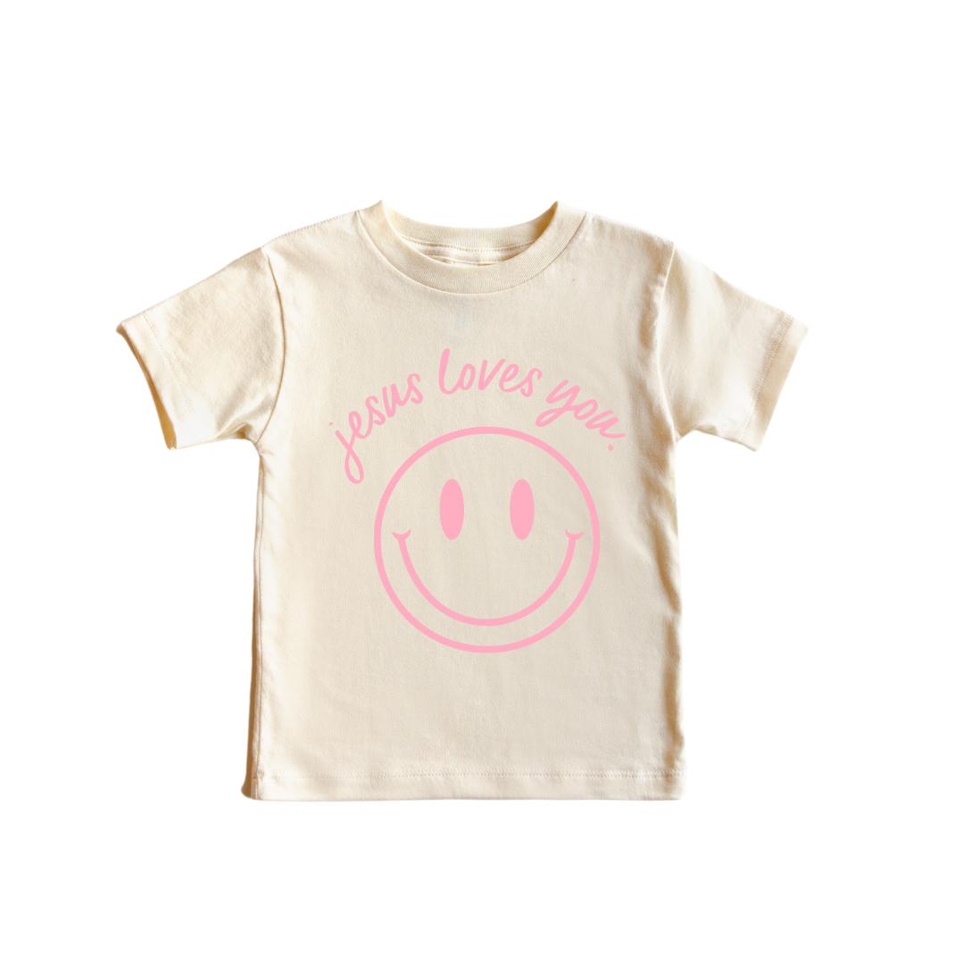 Jesus Loves You Smiley Toddler Tee in White Blue and Pink