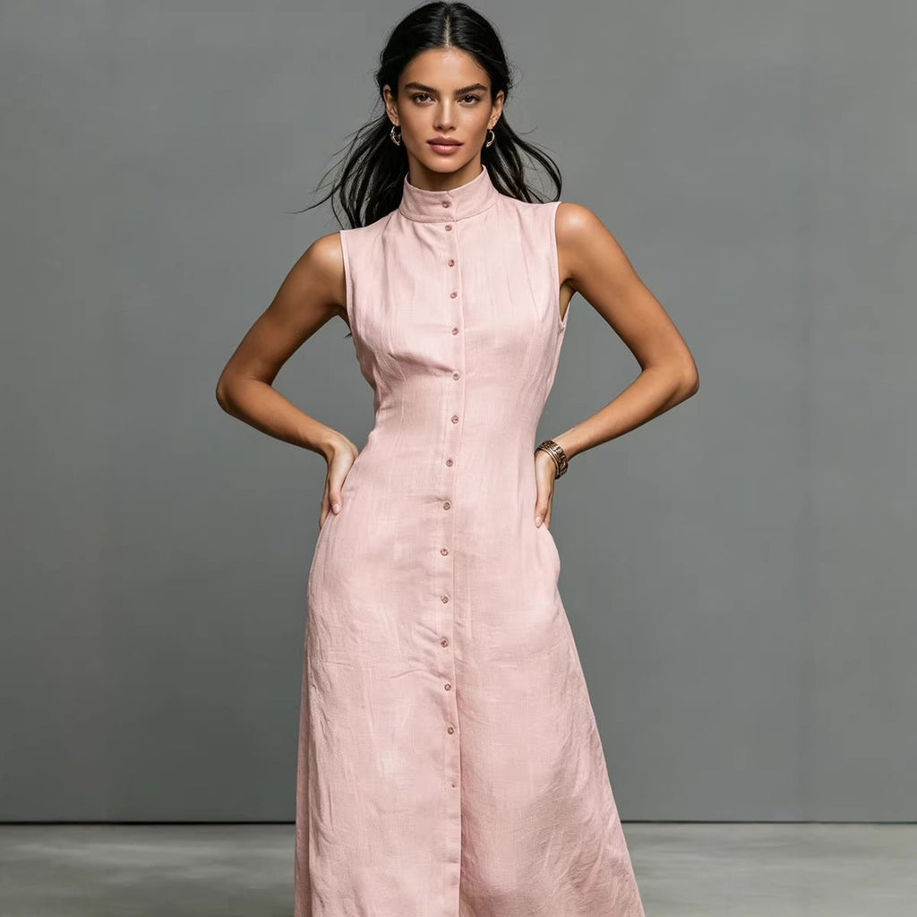 Women's Sleeveless Stand-Collar Button-Front Midi Dress - Image 2