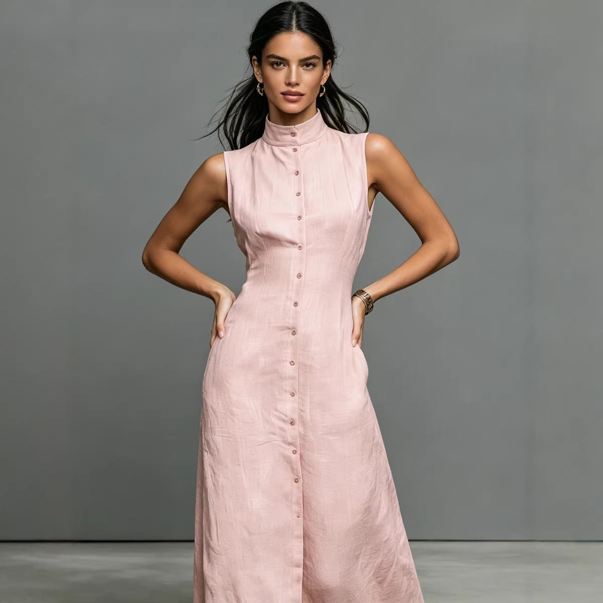Women's Sleeveless Stand-Collar Button-Front Midi Dress - Image 2