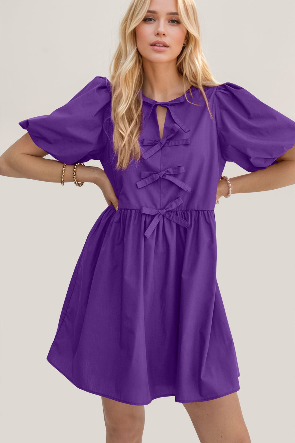 Ruched Puff Sleeve Mini Dress with Bow Detail