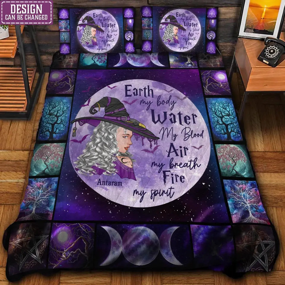 A purple witch-themed quilt bed set featuring a moon, witch silhouette, and celestial patterns with two matching pillow cases.