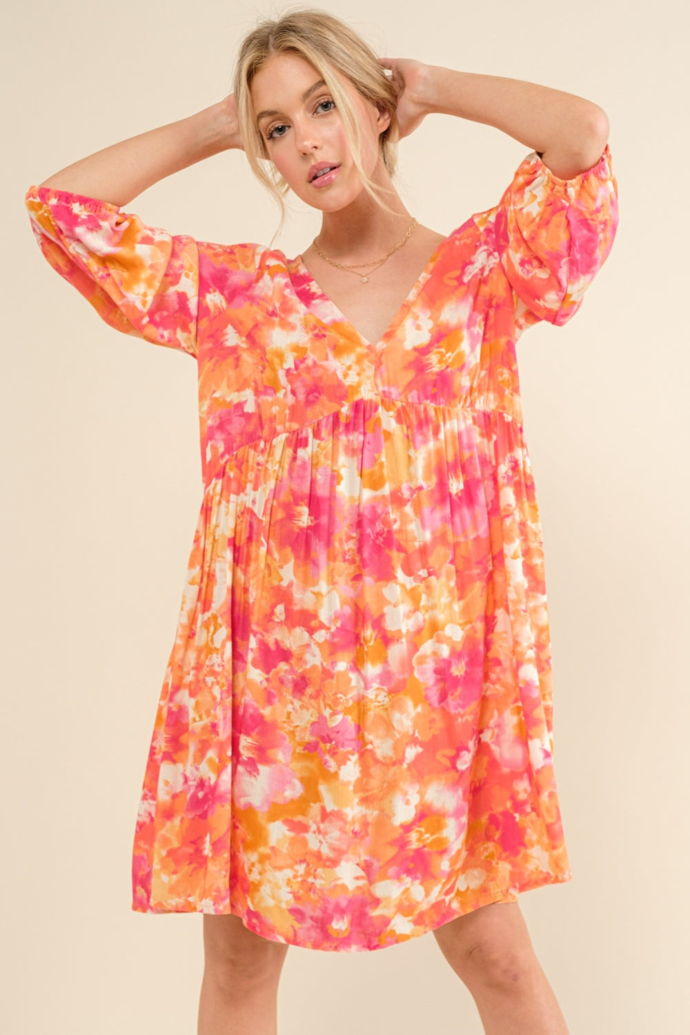 Floral Tie-Back Long Sleeve Summer Dress in Pink and Orange