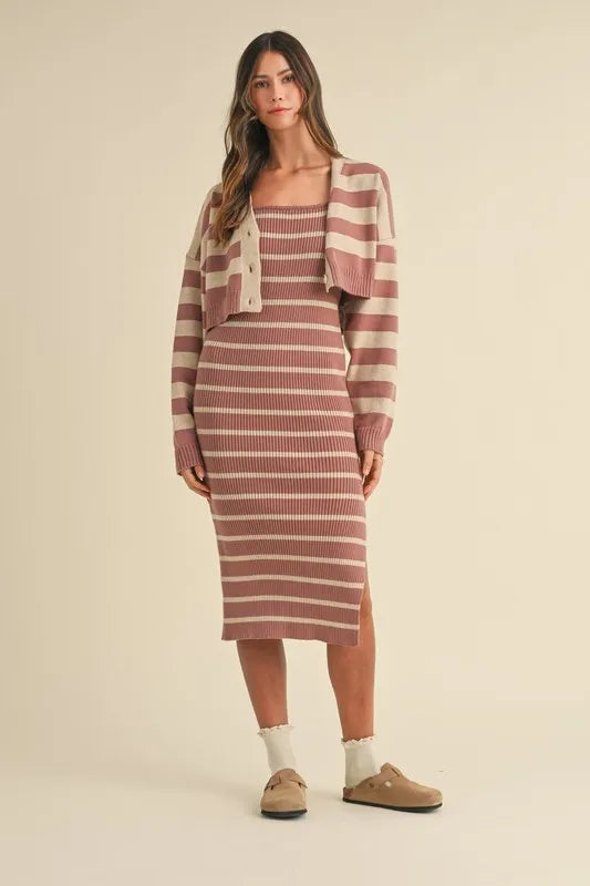Stripe Knit Crop Cardigan and Bodycon Sweater Dress Set