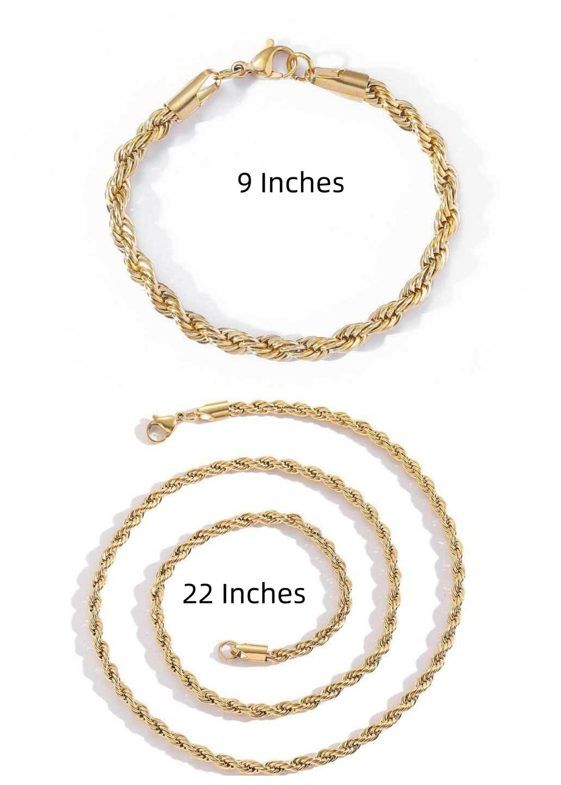 Unisex Gold Stainless Steel Rope Chain Necklace and Bracelet Set